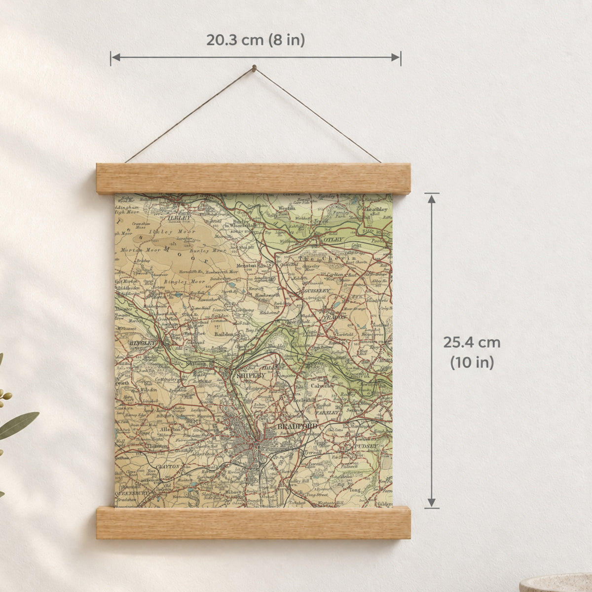 Bradford historic map print, Bartholomew Half-Inch, 1906 — 8 × 10 in · portrait, Canvas, black hanger and Canvas, natural oak hanger and Canvas, white hanger and Fine art paper, black hanger and Fine art paper, natural oak hanger and Fine art paper, no hanger and Fine art paper, white hanger, hanger front mockup