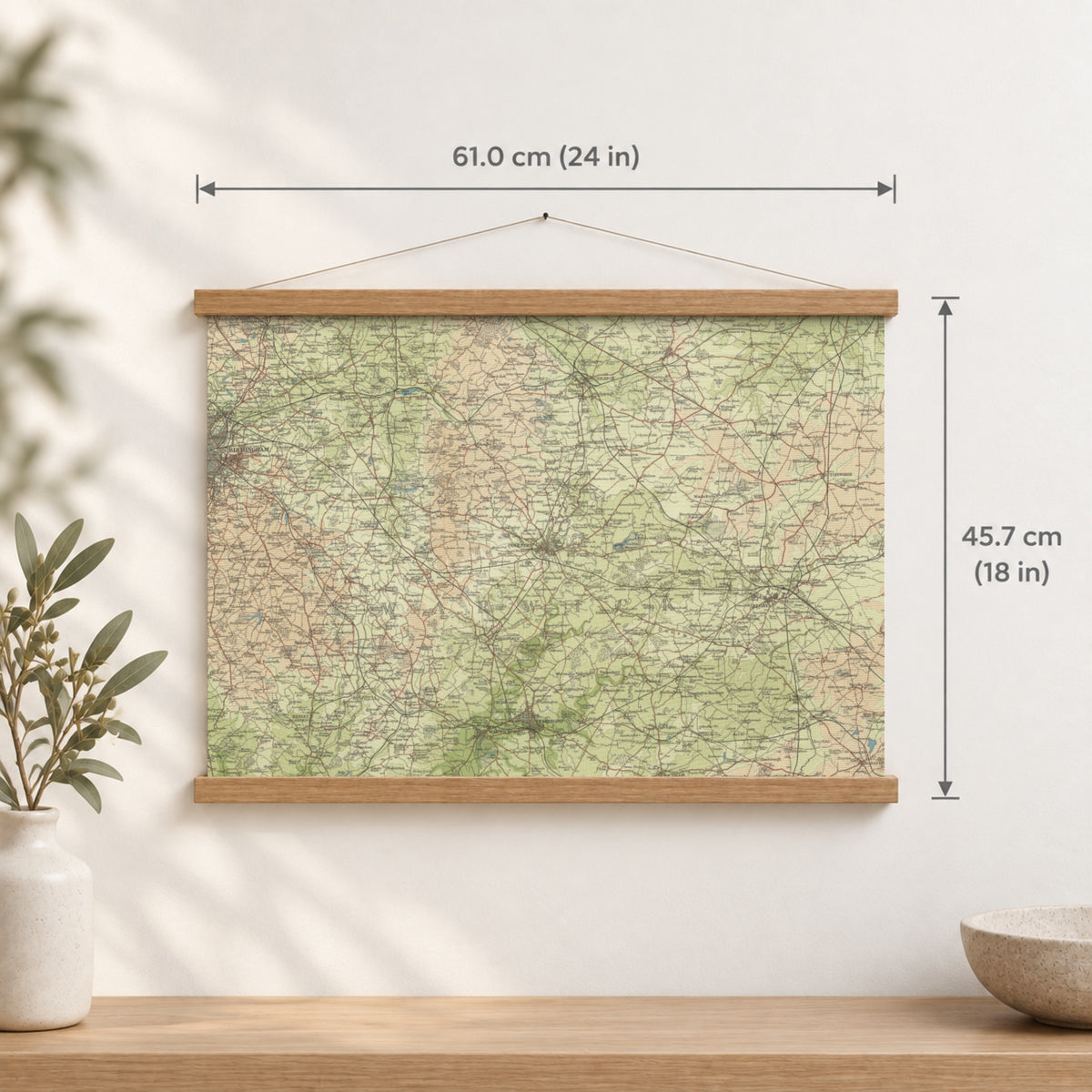 Coventry historic map print, Bartholomew Half-Inch, 1903 — 24 × 18 in · landscape, Canvas, black hanger and Canvas, natural oak hanger and Canvas, white hanger and Fine art paper, black hanger and Fine art paper, natural oak hanger and Fine art paper, no hanger and Fine art paper, white hanger, hanger front mockup