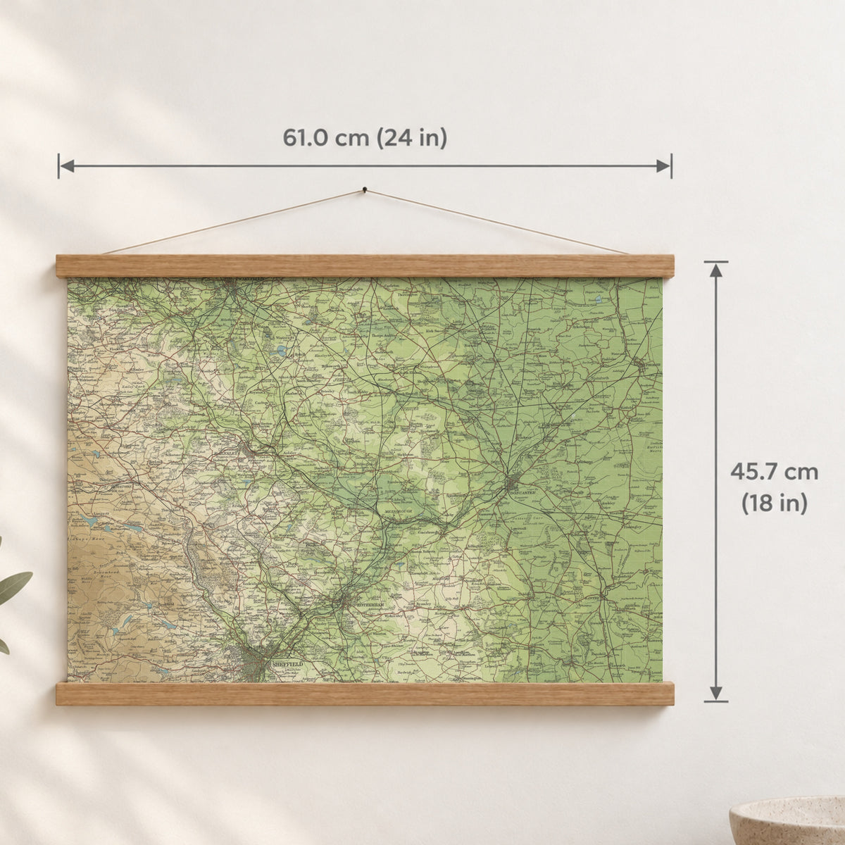 Doncaster historic map print, Bartholomew Half-Inch, 1904 — 24 × 18 in · landscape, Canvas, black hanger and Canvas, natural oak hanger and Canvas, white hanger and Fine art paper, black hanger and Fine art paper, natural oak hanger and Fine art paper, no hanger and Fine art paper, white hanger, hanger front mockup