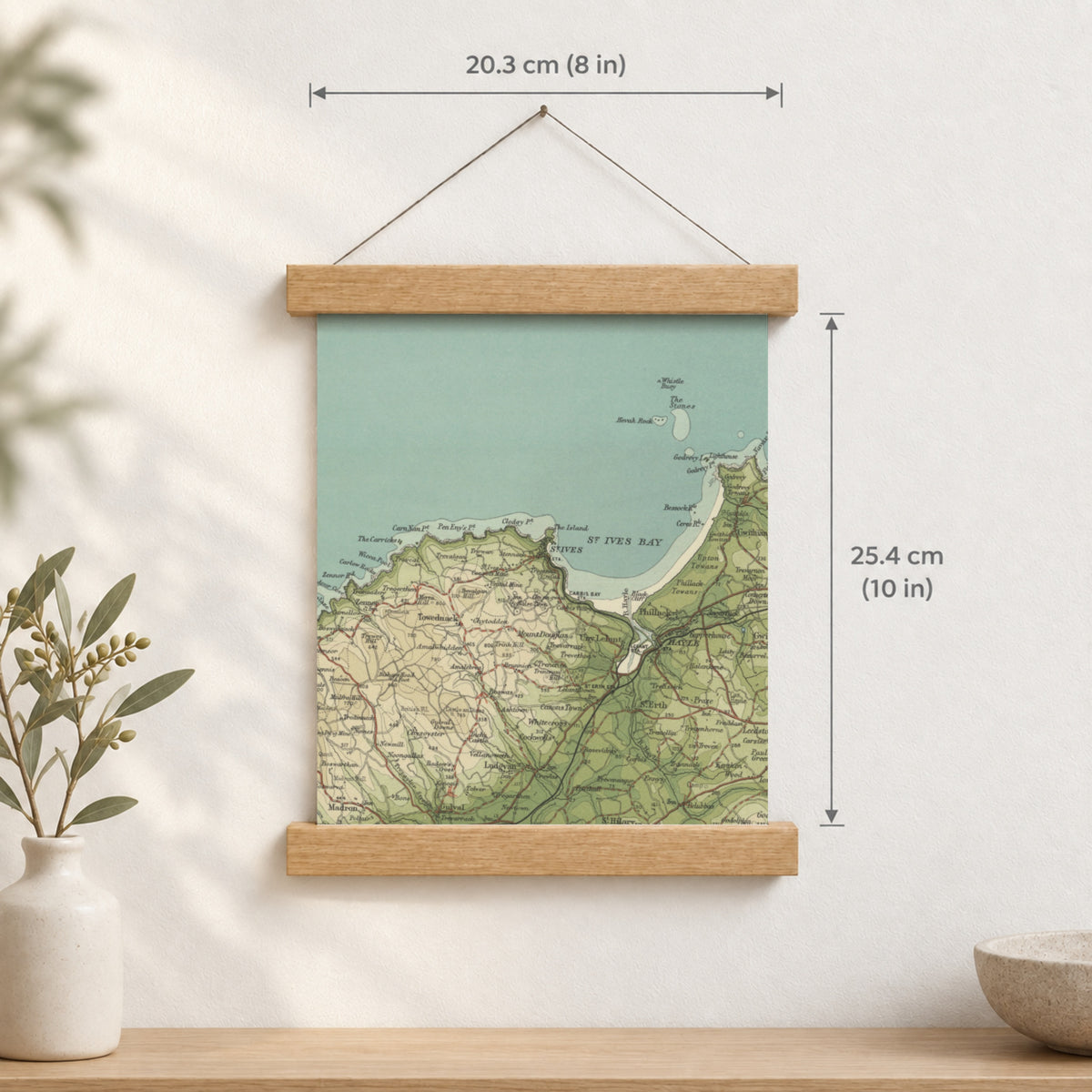 St Ives historic map print, Bartholomew Half-Inch, 1903 — 8 × 10 in · portrait, Canvas, black hanger and Canvas, natural oak hanger and Canvas, white hanger and Fine art paper, black hanger and Fine art paper, natural oak hanger and Fine art paper, no hanger and Fine art paper, white hanger, hanger front mockup