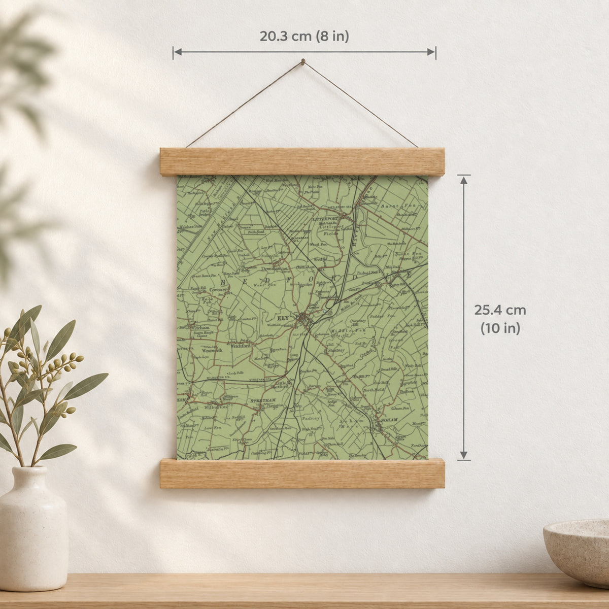 Ely historic map print, Bartholomew Half-Inch, 1902 — 8 × 10 in · portrait, Canvas, black hanger and Canvas, natural oak hanger and Canvas, white hanger and Fine art paper, black hanger and Fine art paper, natural oak hanger and Fine art paper, no hanger and Fine art paper, white hanger, hanger front mockup