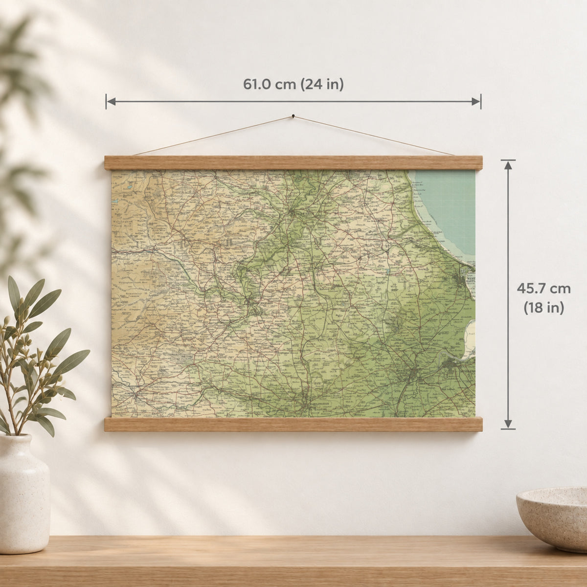 Durham historic map print, Bartholomew Half-Inch, 1904 — 24 × 18 in · landscape, Canvas, black hanger and Canvas, natural oak hanger and Canvas, white hanger and Fine art paper, black hanger and Fine art paper, natural oak hanger and Fine art paper, no hanger and Fine art paper, white hanger, hanger front mockup