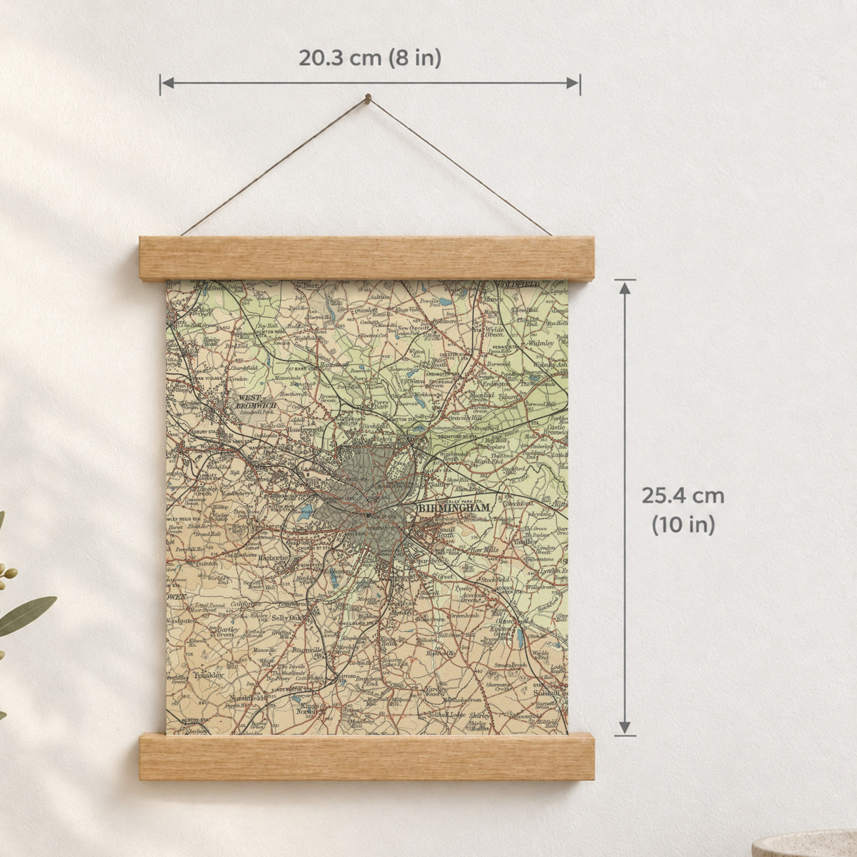 Birmingham historic map print, Bartholomew Half-Inch, 1903 — 8 × 10 in · portrait, Canvas, black hanger and Canvas, natural oak hanger and Canvas, white hanger and Fine art paper, black hanger and Fine art paper, natural oak hanger and Fine art paper, no hanger and Fine art paper, white hanger, hanger front mockup