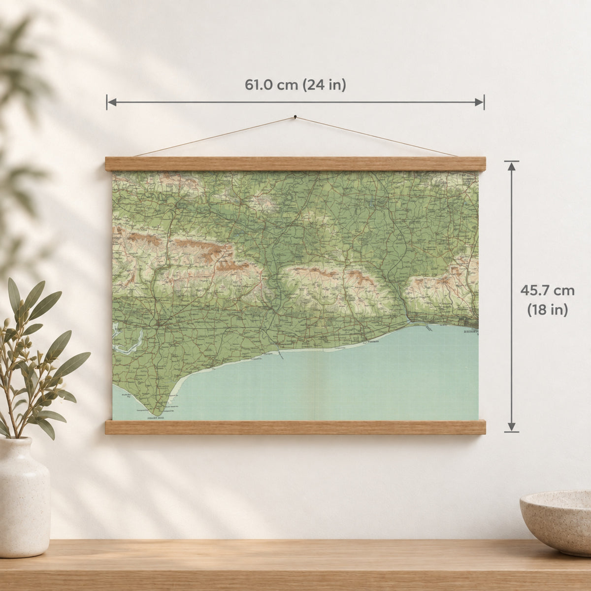 Chichester historic map print, Bartholomew Half-Inch, 1902 — 24 × 18 in · landscape, Canvas, black hanger and Canvas, natural oak hanger and Canvas, white hanger and Fine art paper, black hanger and Fine art paper, natural oak hanger and Fine art paper, no hanger and Fine art paper, white hanger, hanger front mockup