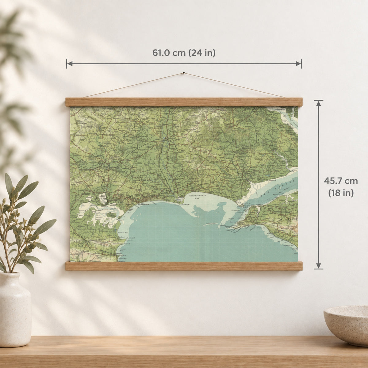 Bournemouth historic map print, Bartholomew Half-Inch, 1902 — 24 × 18 in · landscape, Canvas, black hanger and Canvas, natural oak hanger and Canvas, white hanger and Fine art paper, black hanger and Fine art paper, natural oak hanger and Fine art paper, no hanger and Fine art paper, white hanger, hanger front mockup