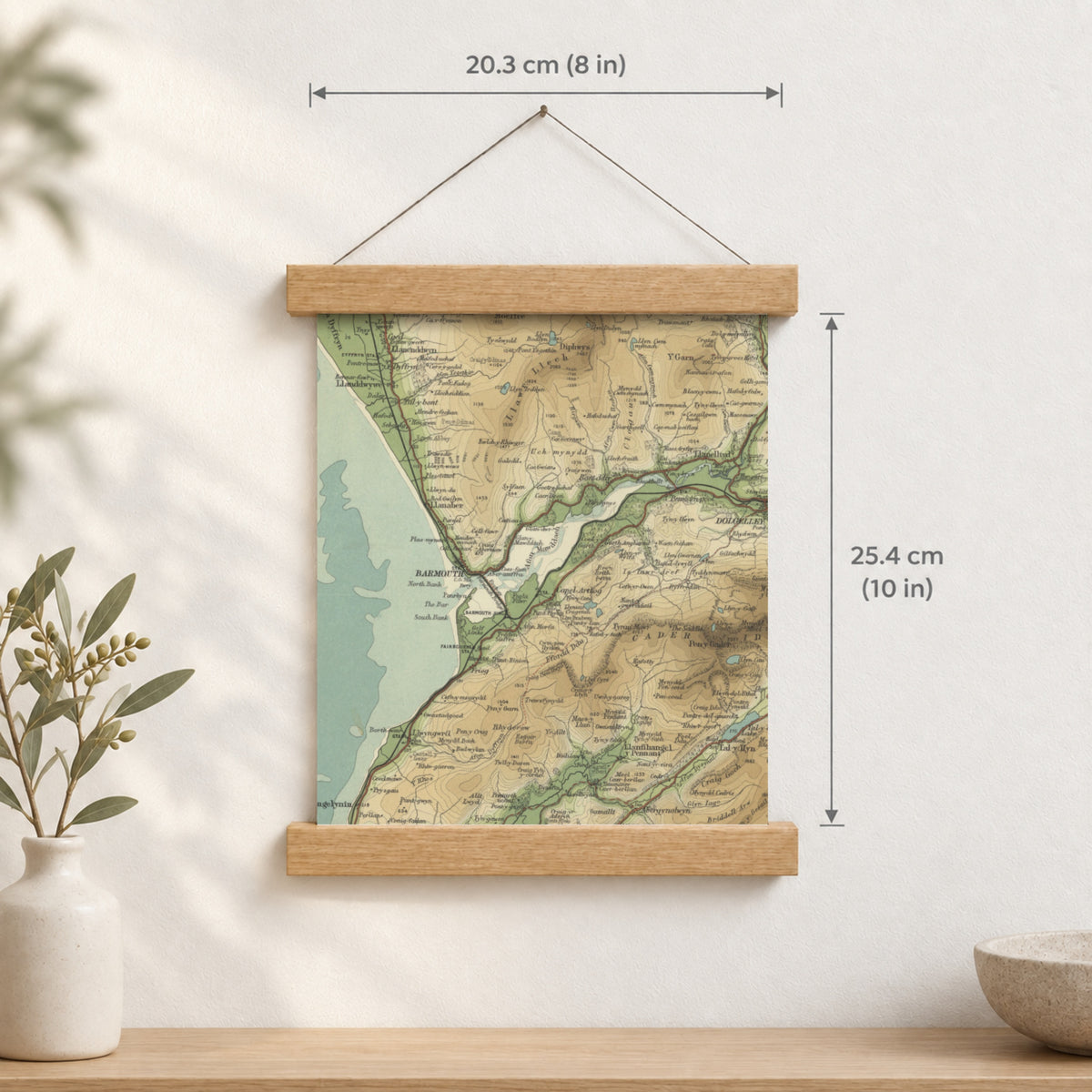 Barmouth historic map print, Bartholomew Half-Inch, 1905 — 8 × 10 in · portrait, Canvas, black hanger and Canvas, natural oak hanger and Canvas, white hanger and Fine art paper, black hanger and Fine art paper, natural oak hanger and Fine art paper, no hanger and Fine art paper, white hanger, hanger front mockup