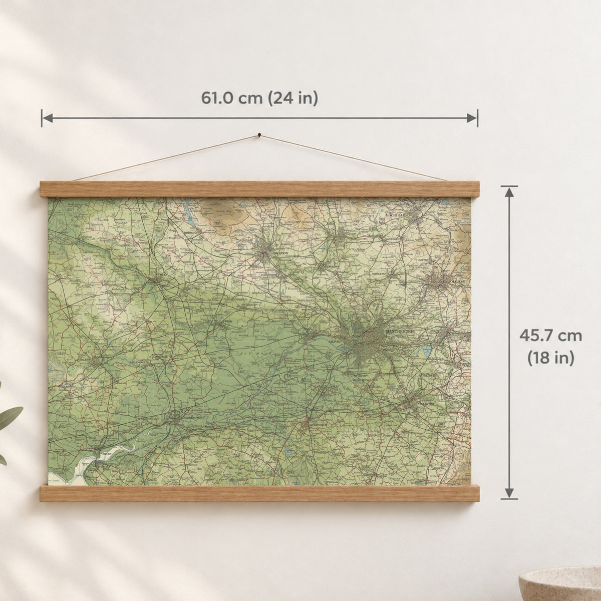Manchester historic map print, Bartholomew Half-Inch, 1904 — 24 × 18 in · landscape, Canvas, black hanger and Canvas, natural oak hanger and Canvas, white hanger and Fine art paper, black hanger and Fine art paper, natural oak hanger and Fine art paper, no hanger and Fine art paper, white hanger, hanger front mockup