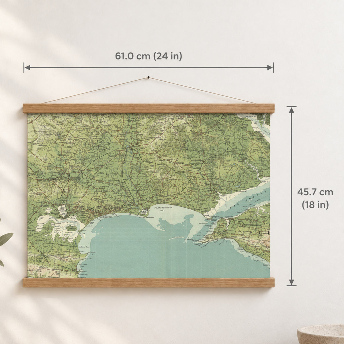 Bournemouth historic map print, Bartholomew Half-Inch, 1902 — 24 × 18 in · landscape, Canvas, black hanger and Canvas, natural oak hanger and Canvas, white hanger and Fine art paper, black hanger and Fine art paper, natural oak hanger and Fine art paper, no hanger and Fine art paper, white hanger, hanger front mockup