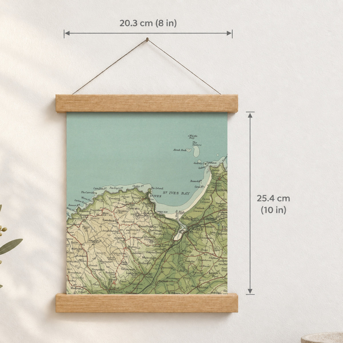 St Ives historic map print, Bartholomew Half-Inch, 1903 — 8 × 10 in · portrait, Canvas, black hanger and Canvas, natural oak hanger and Canvas, white hanger and Fine art paper, black hanger and Fine art paper, natural oak hanger and Fine art paper, no hanger and Fine art paper, white hanger, hanger front mockup