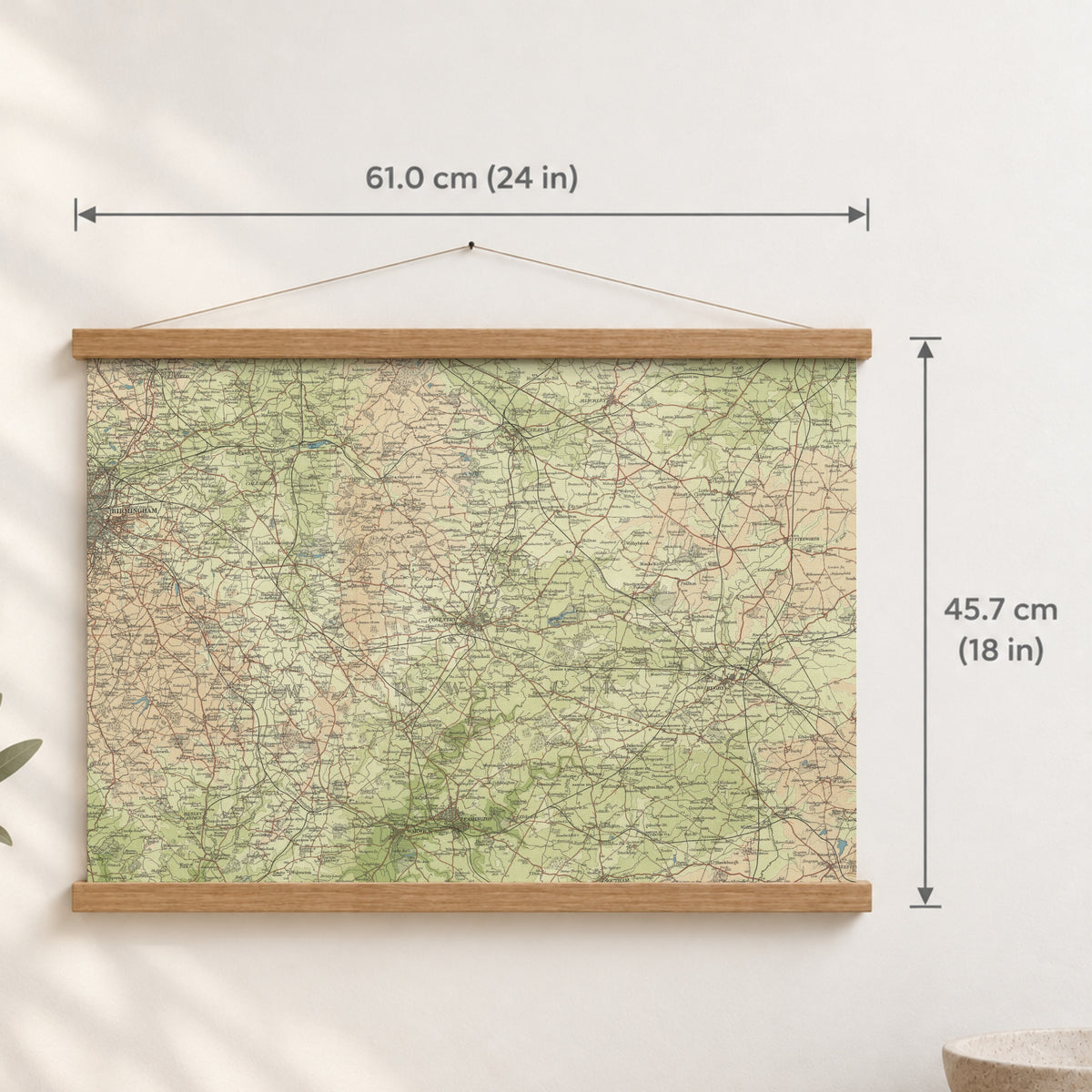 Coventry historic map print, Bartholomew Half-Inch, 1903 — 24 × 18 in · landscape, Canvas, black hanger and Canvas, natural oak hanger and Canvas, white hanger and Fine art paper, black hanger and Fine art paper, natural oak hanger and Fine art paper, no hanger and Fine art paper, white hanger, hanger front mockup