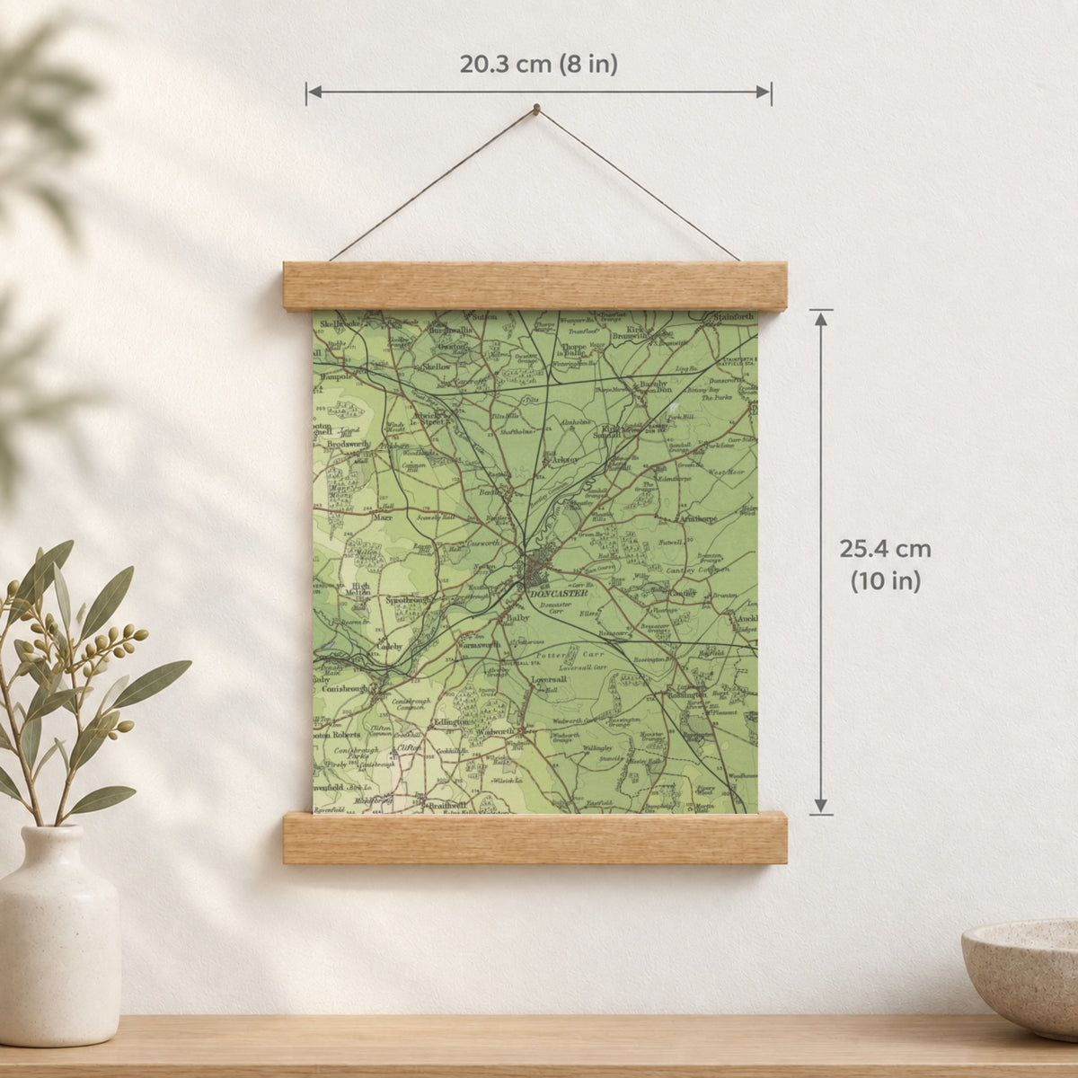 Doncaster historic map print, Bartholomew Half-Inch, 1904 — 8 × 10 in · portrait, Canvas, black hanger and Canvas, natural oak hanger and Canvas, white hanger and Fine art paper, black hanger and Fine art paper, natural oak hanger and Fine art paper, no hanger and Fine art paper, white hanger, hanger front mockup