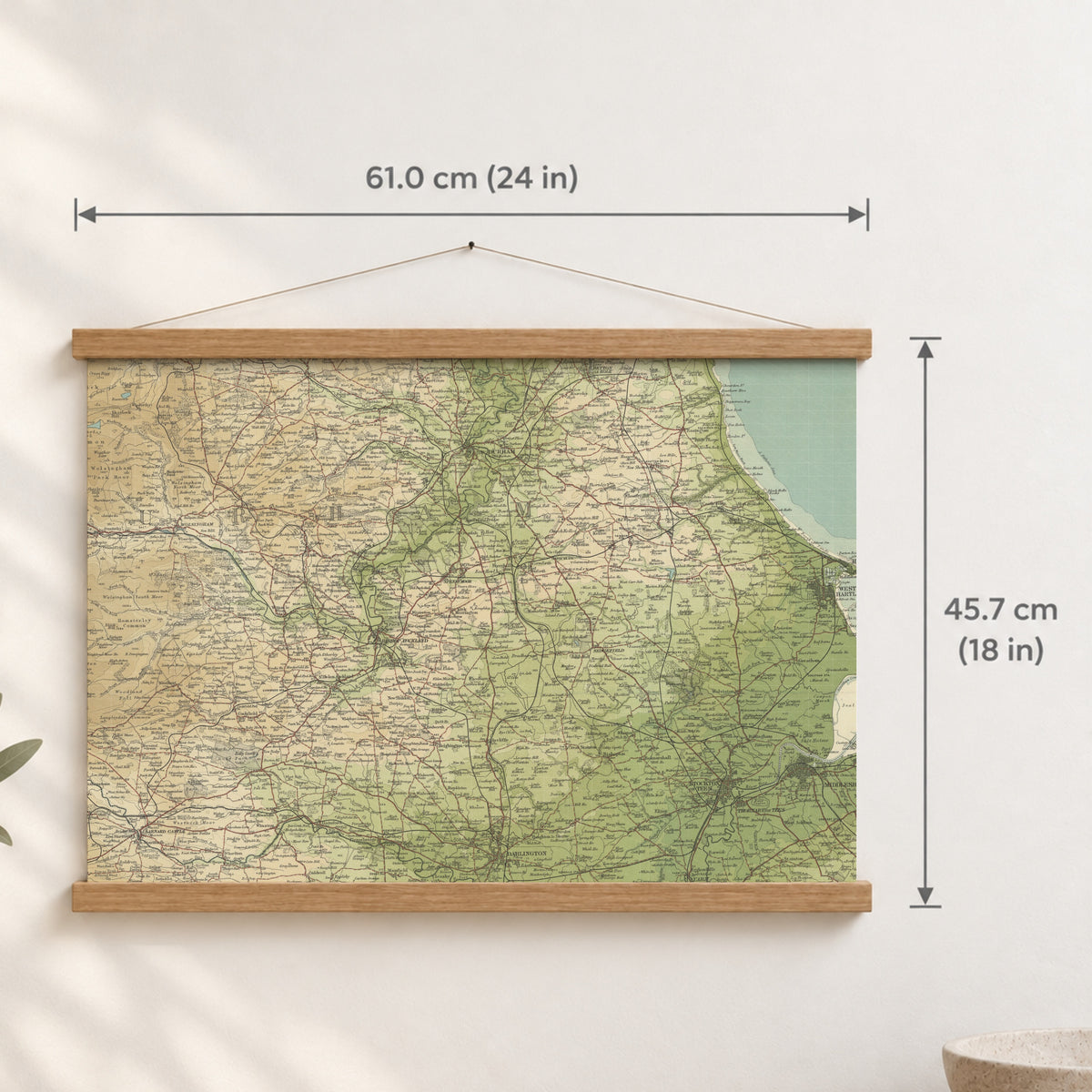 Durham historic map print, Bartholomew Half-Inch, 1904 — 24 × 18 in · landscape, Canvas, black hanger and Canvas, natural oak hanger and Canvas, white hanger and Fine art paper, black hanger and Fine art paper, natural oak hanger and Fine art paper, no hanger and Fine art paper, white hanger, hanger front mockup