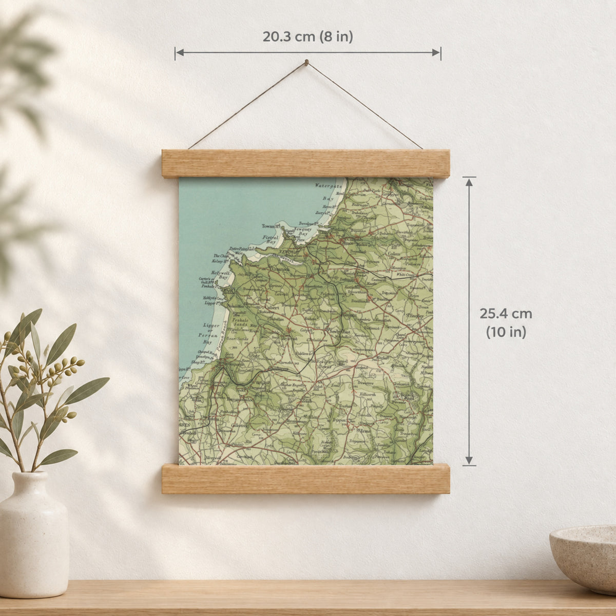Newquay historic map print, Bartholomew Half-Inch, 1903 — 8 × 10 in · portrait, Canvas, black hanger and Canvas, natural oak hanger and Canvas, white hanger and Fine art paper, black hanger and Fine art paper, natural oak hanger and Fine art paper, no hanger and Fine art paper, white hanger, hanger front mockup