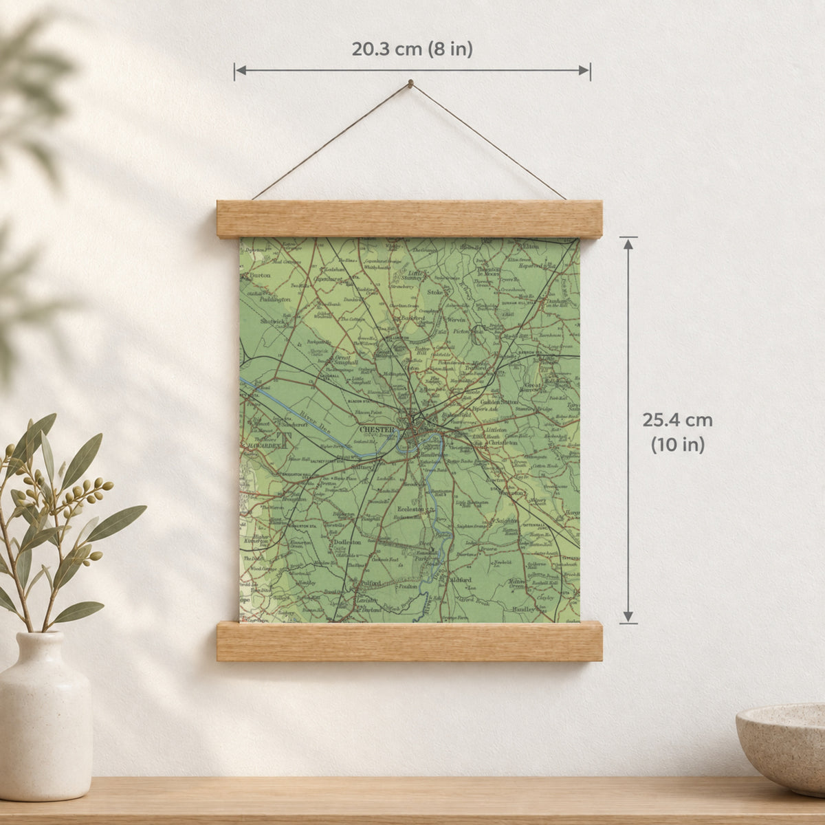 Chester historic map print, Bartholomew Half-Inch, 1902 — 8 × 10 in · portrait, Canvas, black hanger and Canvas, natural oak hanger and Canvas, white hanger and Fine art paper, black hanger and Fine art paper, natural oak hanger and Fine art paper, no hanger and Fine art paper, white hanger, hanger front mockup