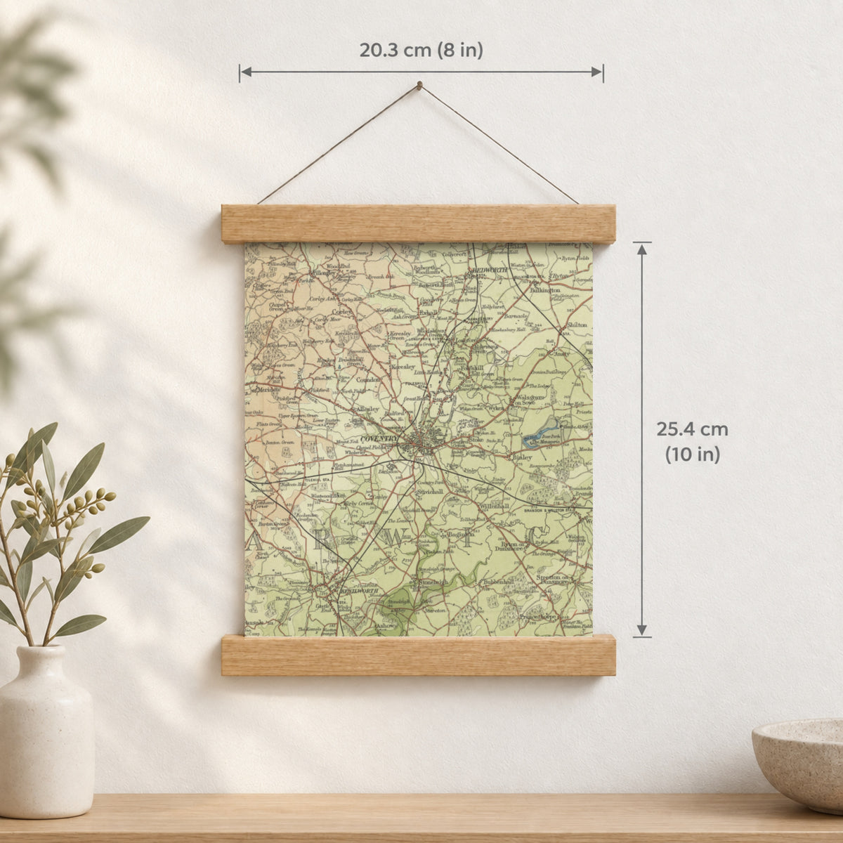 Coventry historic map print, Bartholomew Half-Inch, 1903 — 8 × 10 in · portrait, Canvas, black hanger and Canvas, natural oak hanger and Canvas, white hanger and Fine art paper, black hanger and Fine art paper, natural oak hanger and Fine art paper, no hanger and Fine art paper, white hanger, hanger front mockup