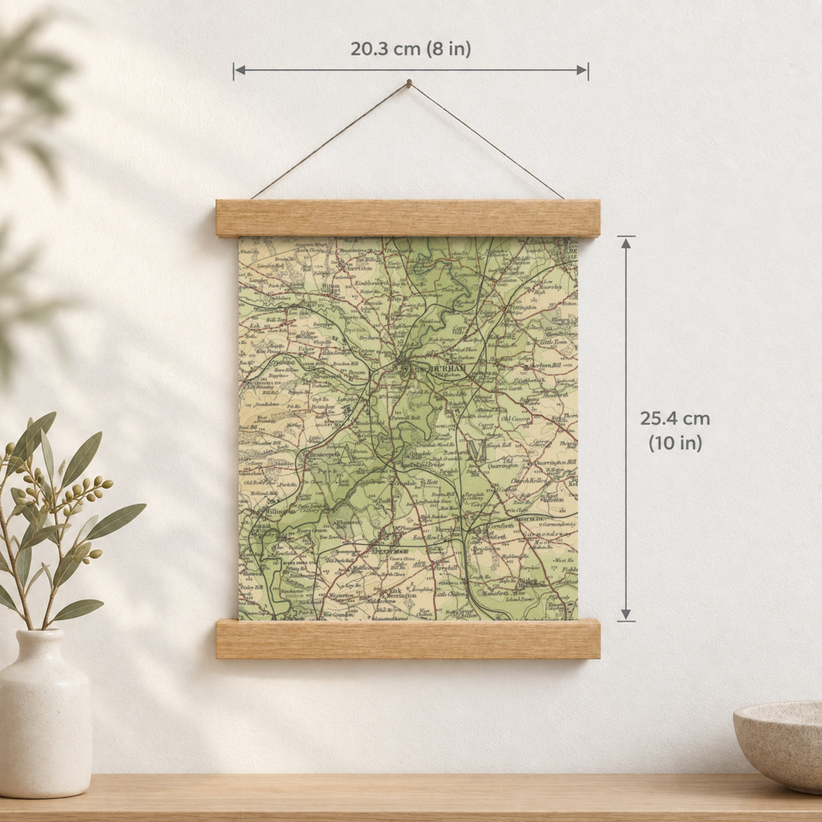 Durham historic map print, Bartholomew Half-Inch, 1904 — 8 × 10 in · portrait, Canvas, black hanger and Canvas, natural oak hanger and Canvas, white hanger and Fine art paper, black hanger and Fine art paper, natural oak hanger and Fine art paper, no hanger and Fine art paper, white hanger, hanger front mockup
