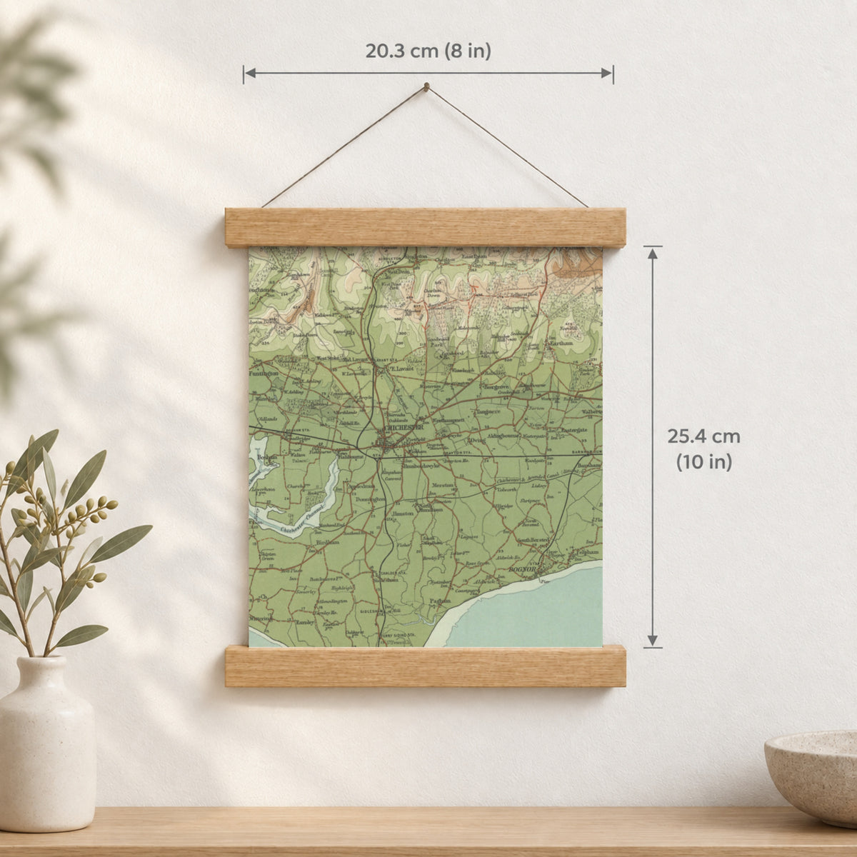 Chichester historic map print, Bartholomew Half-Inch, 1902 — 8 × 10 in · portrait, Canvas, black hanger and Canvas, natural oak hanger and Canvas, white hanger and Fine art paper, black hanger and Fine art paper, natural oak hanger and Fine art paper, no hanger and Fine art paper, white hanger, hanger front mockup