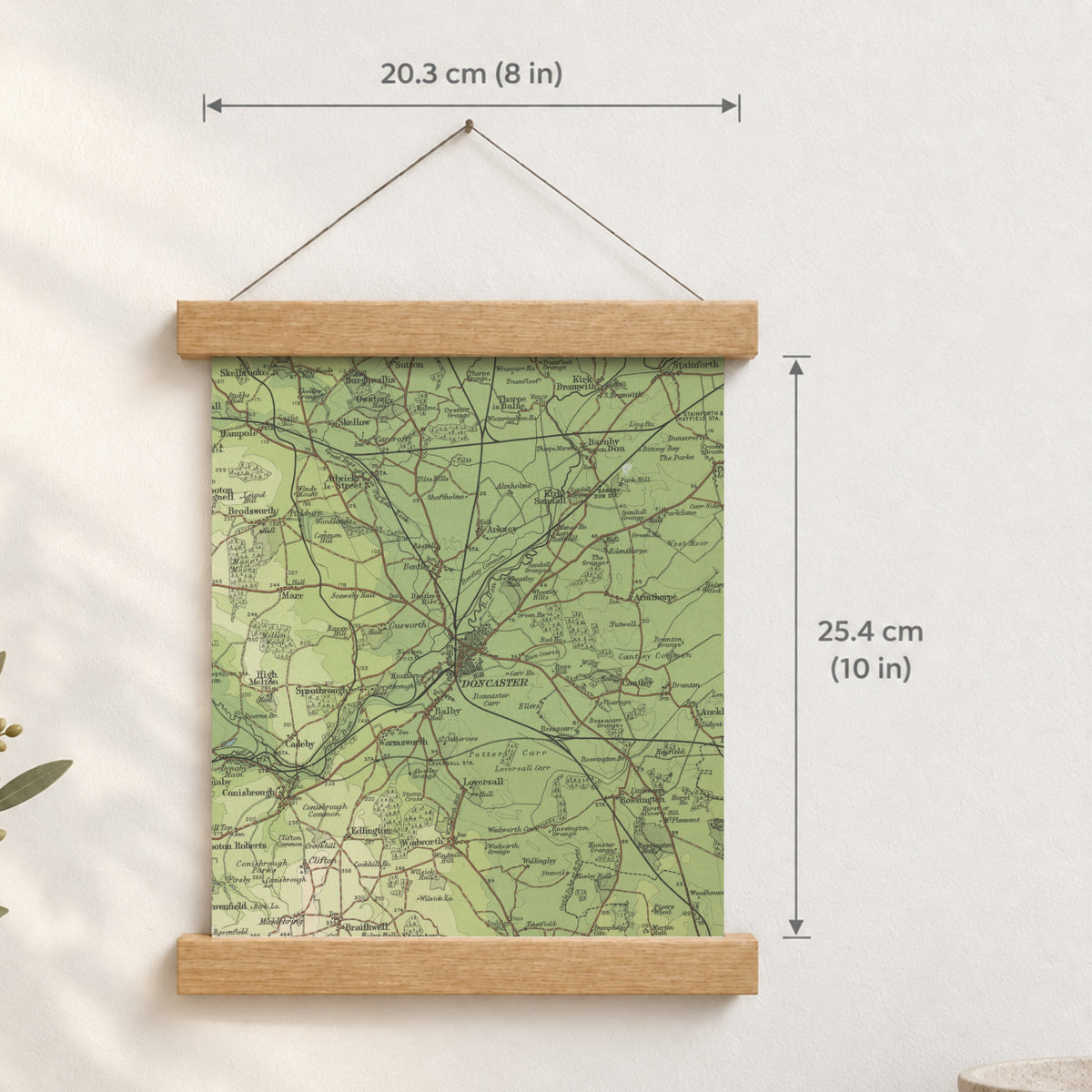 Doncaster historic map print, Bartholomew Half-Inch, 1904 — 8 × 10 in · portrait, Canvas, black hanger and Canvas, natural oak hanger and Canvas, white hanger and Fine art paper, black hanger and Fine art paper, natural oak hanger and Fine art paper, no hanger and Fine art paper, white hanger, hanger front mockup