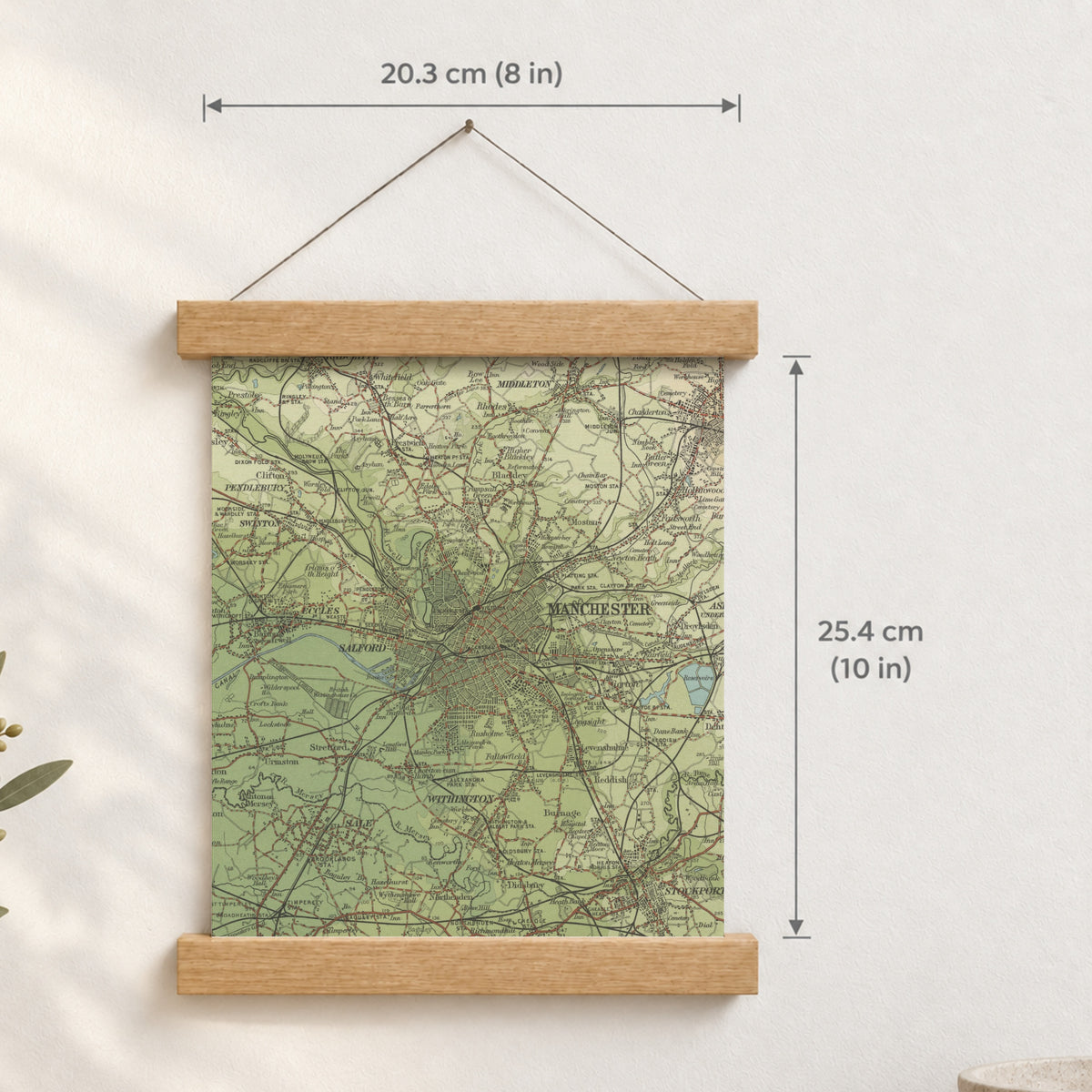 Manchester historic map print, Bartholomew Half-Inch, 1904 — 8 × 10 in · portrait, Canvas, black hanger and Canvas, natural oak hanger and Canvas, white hanger and Fine art paper, black hanger and Fine art paper, natural oak hanger and Fine art paper, no hanger and Fine art paper, white hanger, hanger front mockup