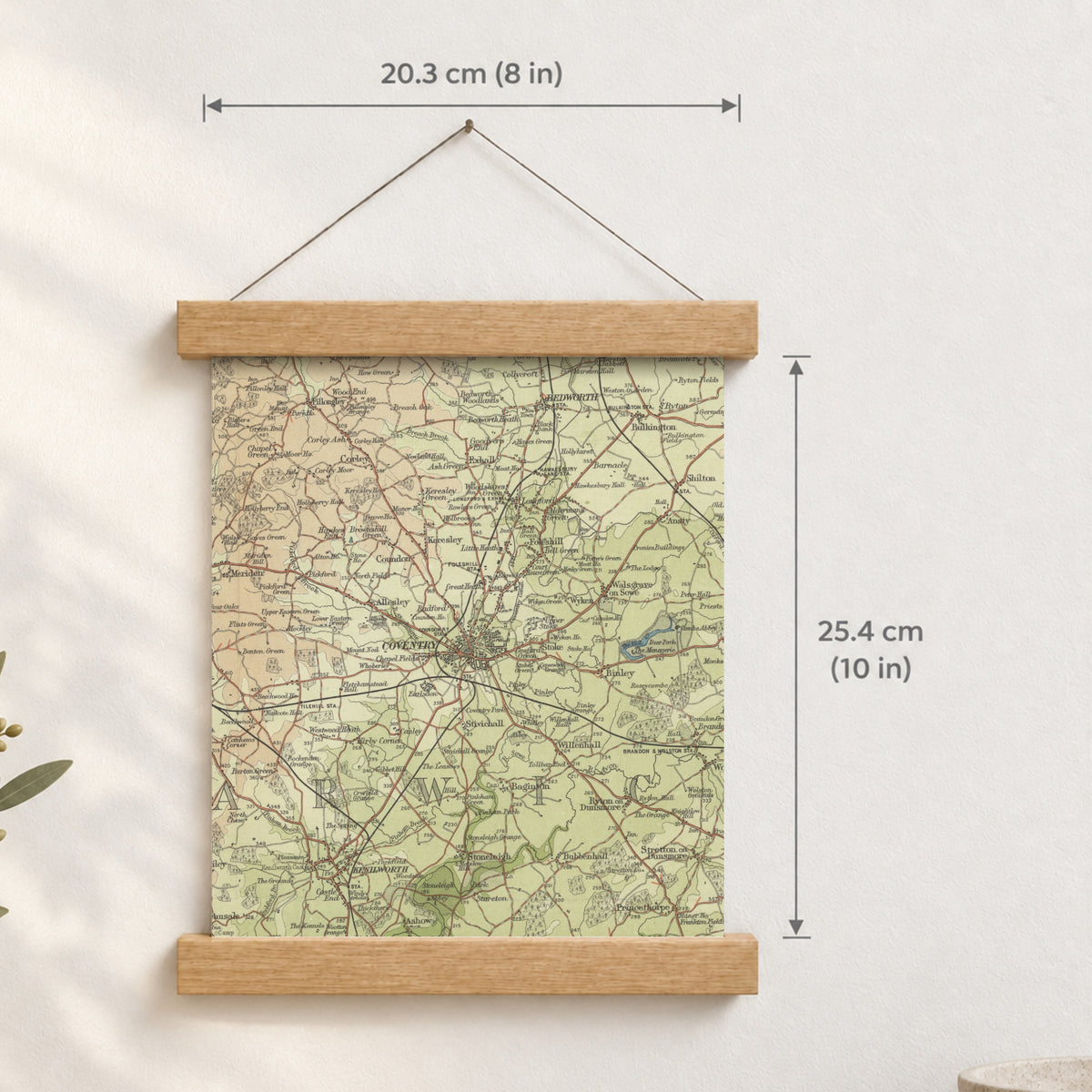 Coventry historic map print, Bartholomew Half-Inch, 1903 — 8 × 10 in · portrait, Canvas, black hanger and Canvas, natural oak hanger and Canvas, white hanger and Fine art paper, black hanger and Fine art paper, natural oak hanger and Fine art paper, no hanger and Fine art paper, white hanger, hanger front mockup