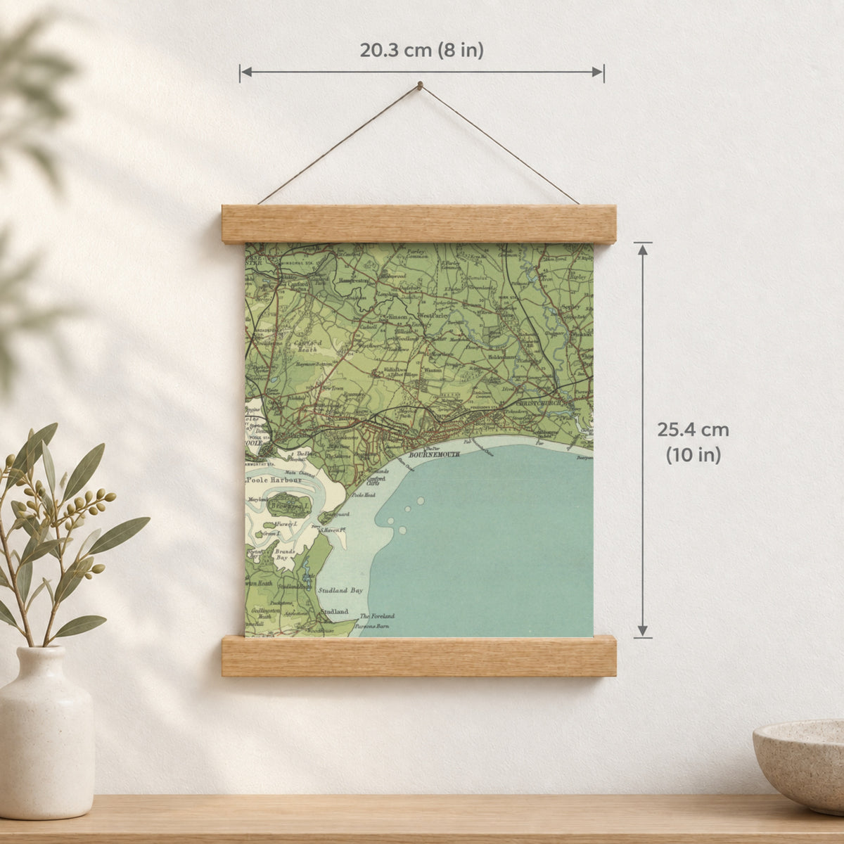 Bournemouth historic map print, Bartholomew Half-Inch, 1902 — 8 × 10 in · portrait, Canvas, black hanger and Canvas, natural oak hanger and Canvas, white hanger and Fine art paper, black hanger and Fine art paper, natural oak hanger and Fine art paper, no hanger and Fine art paper, white hanger, hanger front mockup