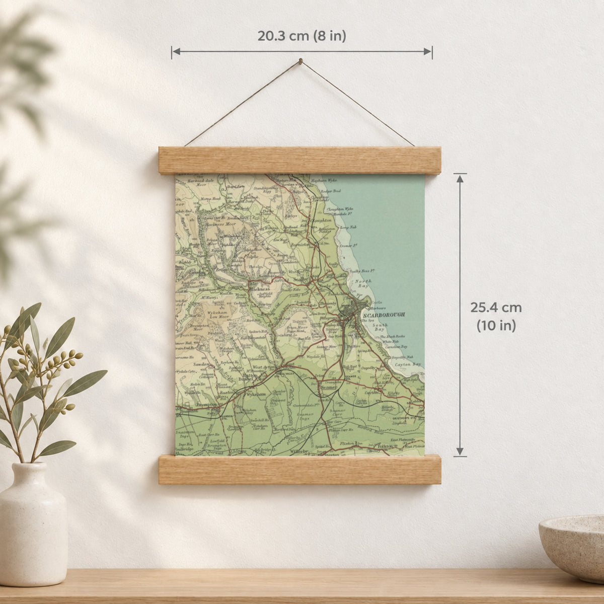 Scarborough historic map print, Bartholomew Half-Inch, 1903 — 8 × 10 in · portrait, Canvas, black hanger and Canvas, natural oak hanger and Canvas, white hanger and Fine art paper, black hanger and Fine art paper, natural oak hanger and Fine art paper, no hanger and Fine art paper, white hanger, hanger front mockup
