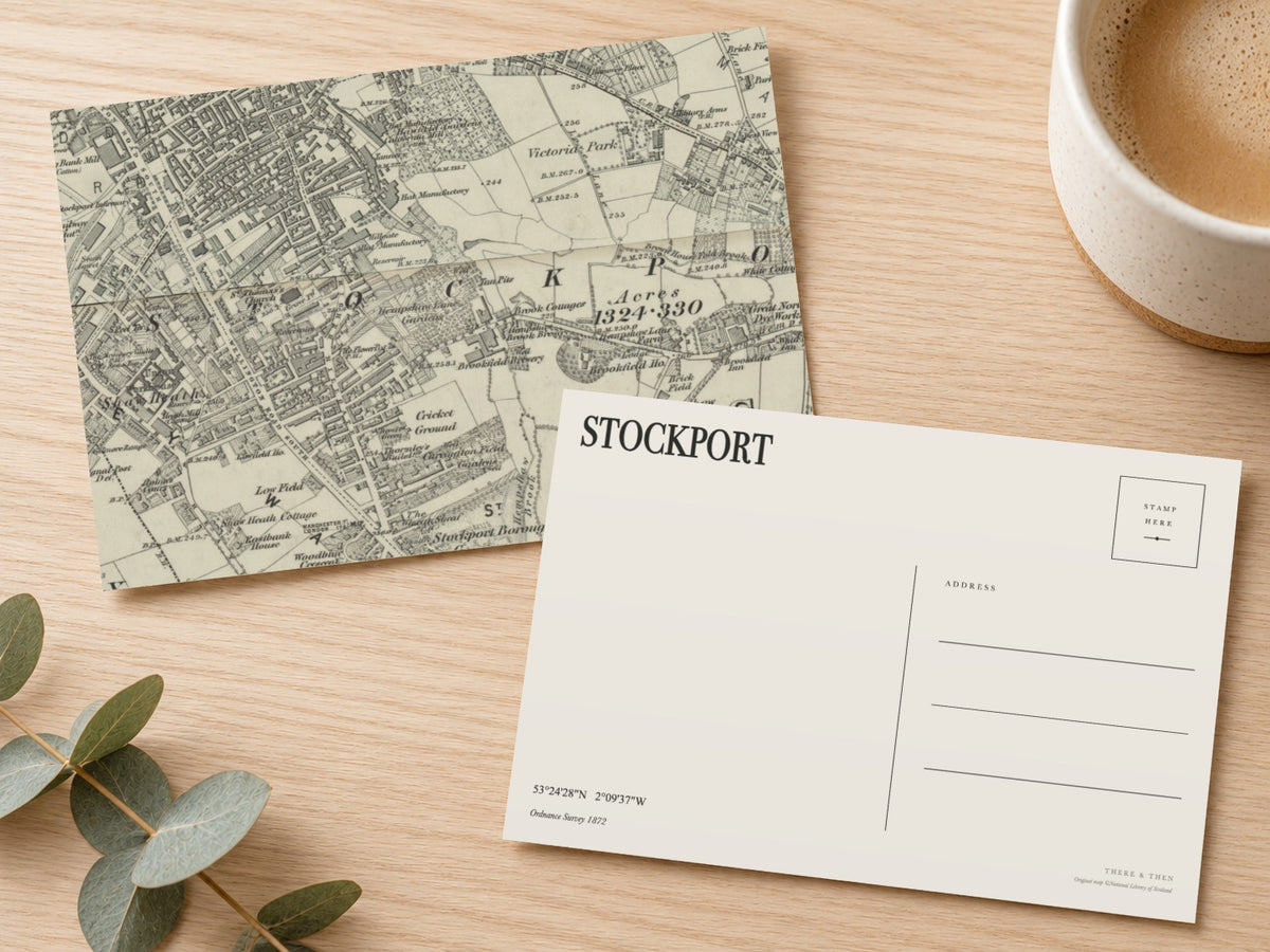 Stockport historic map postcard, OS Six-inch First Edition, 1872