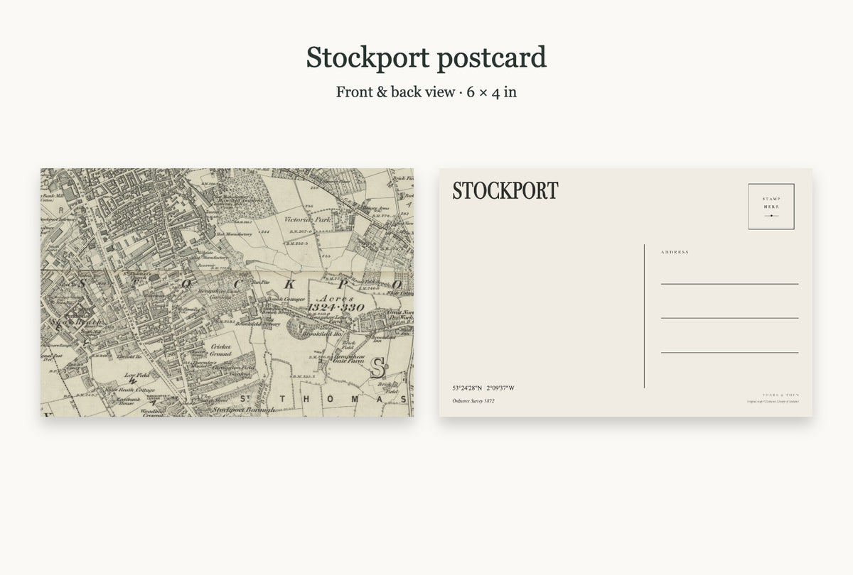 Stockport historic map postcard, OS Six-inch First Edition, 1872 — 6 × 4 in · matt card · Kraft envelope, postcard front back mockup