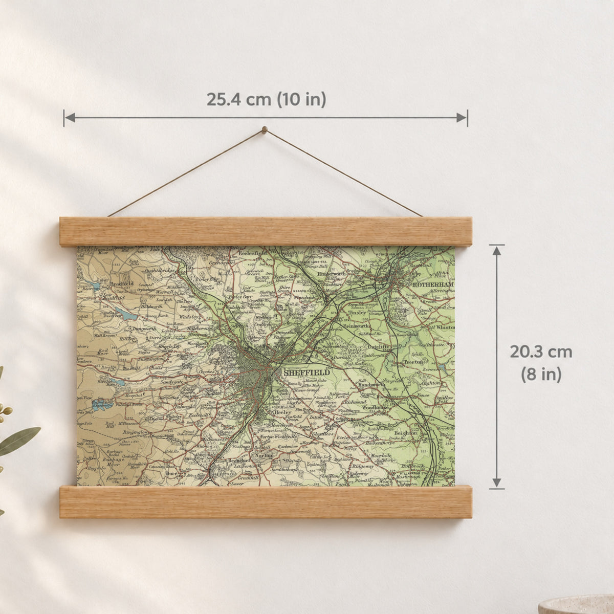Sheffield historic map print, Bartholomew Half-Inch, 1904 — 10 × 8 in · landscape, Canvas, black hanger and Canvas, natural oak hanger and Canvas, white hanger and Fine art paper, black hanger and Fine art paper, natural oak hanger and Fine art paper, no hanger and Fine art paper, white hanger, hanger front mockup
