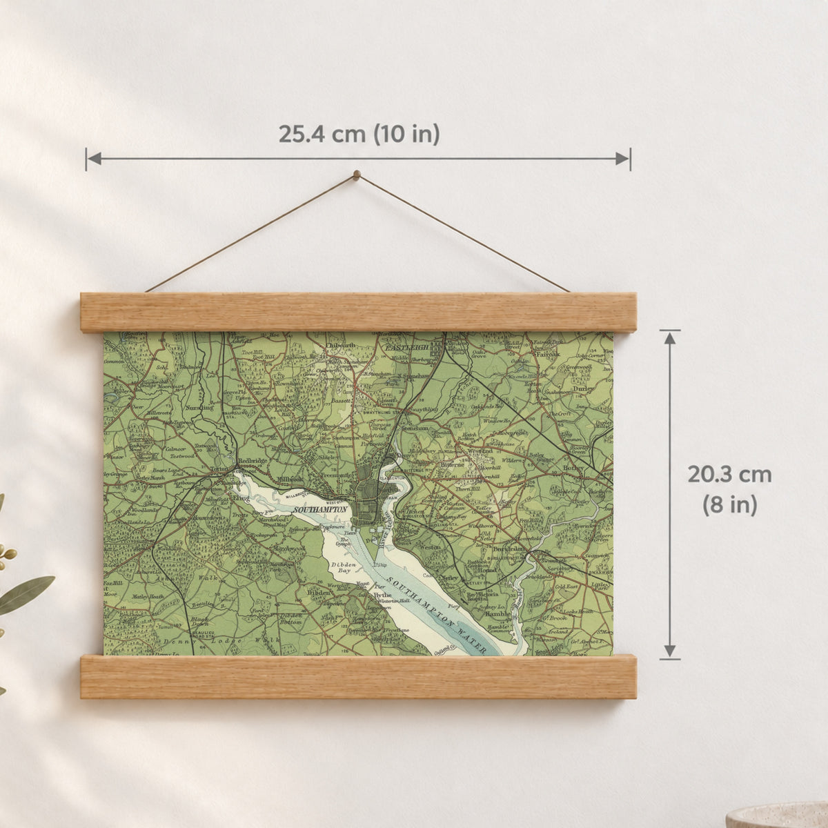 Southampton historic map print, Bartholomew Half-Inch, 1902 — 10 × 8 in · landscape, Canvas, black hanger and Canvas, natural oak hanger and Canvas, white hanger and Fine art paper, black hanger and Fine art paper, natural oak hanger and Fine art paper, no hanger and Fine art paper, white hanger, hanger front mockup