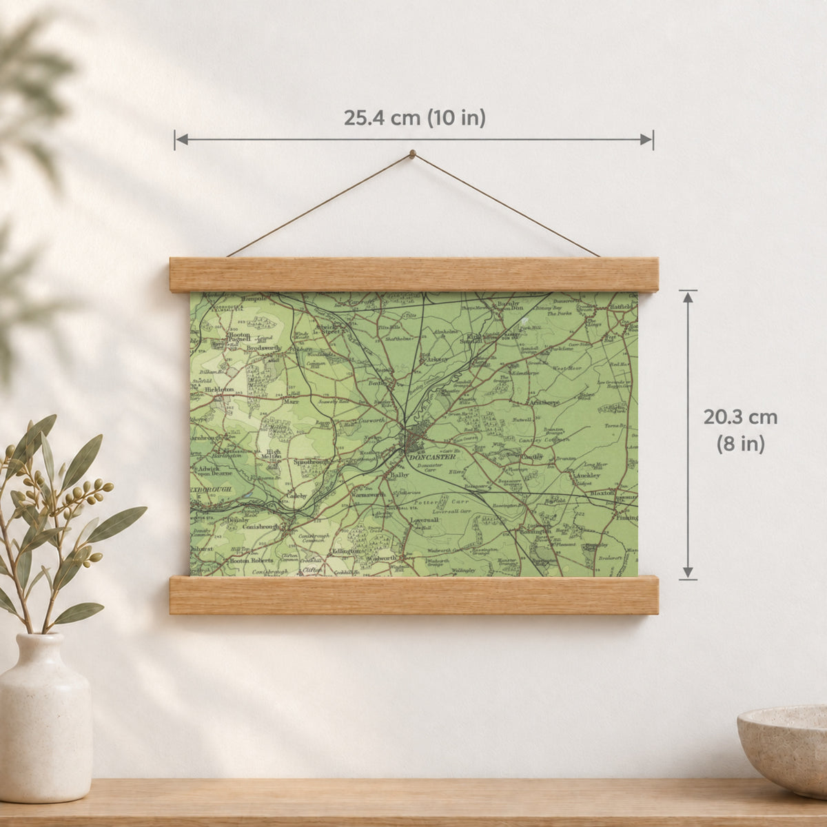 Doncaster historic map print, Bartholomew Half-Inch, 1904 — 10 × 8 in · landscape, Canvas, black hanger and Canvas, natural oak hanger and Canvas, white hanger and Fine art paper, black hanger and Fine art paper, natural oak hanger and Fine art paper, no hanger and Fine art paper, white hanger, hanger front mockup