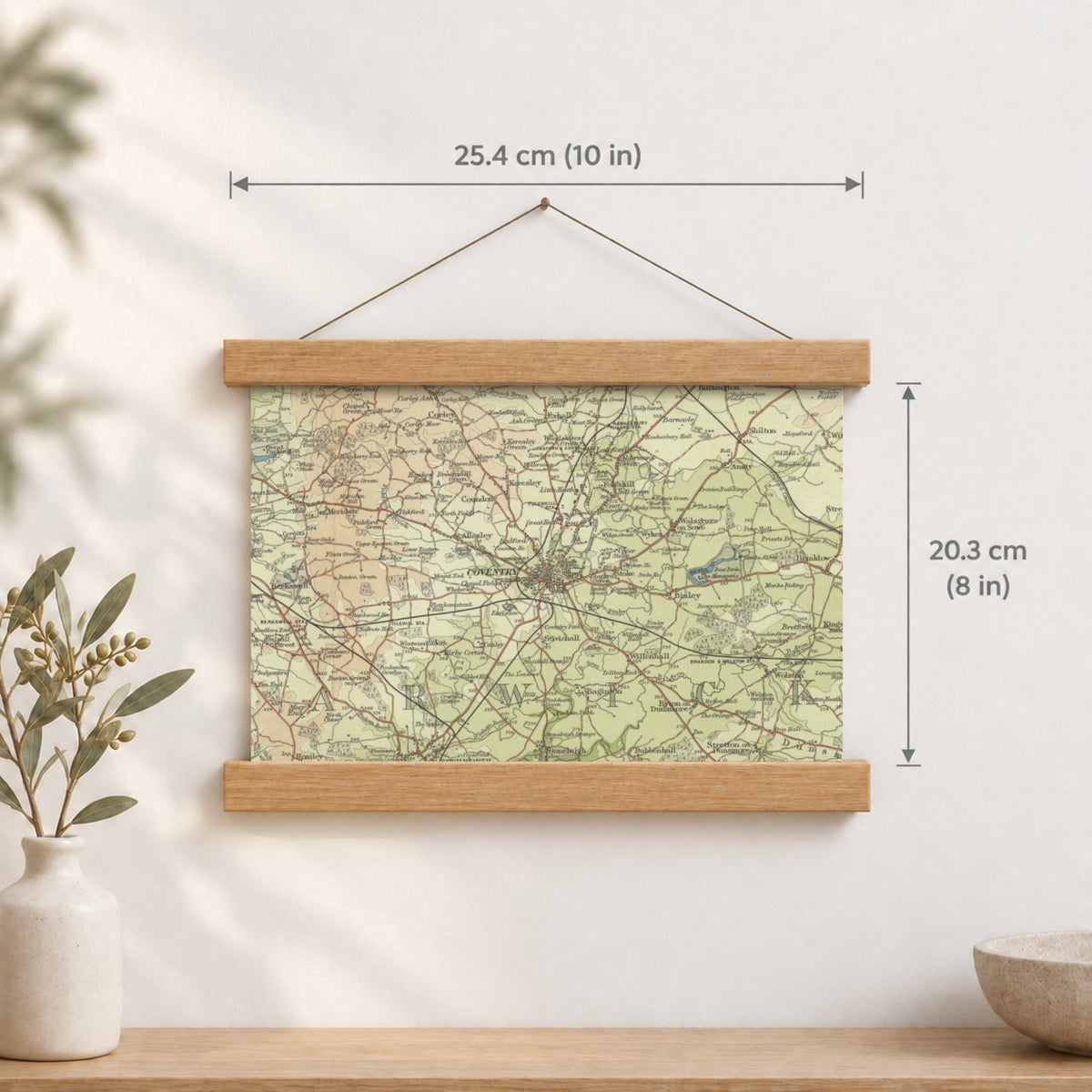 Coventry historic map print, Bartholomew Half-Inch, 1903 — 10 × 8 in · landscape, Canvas, black hanger and Canvas, natural oak hanger and Canvas, white hanger and Fine art paper, black hanger and Fine art paper, natural oak hanger and Fine art paper, no hanger and Fine art paper, white hanger, hanger front mockup