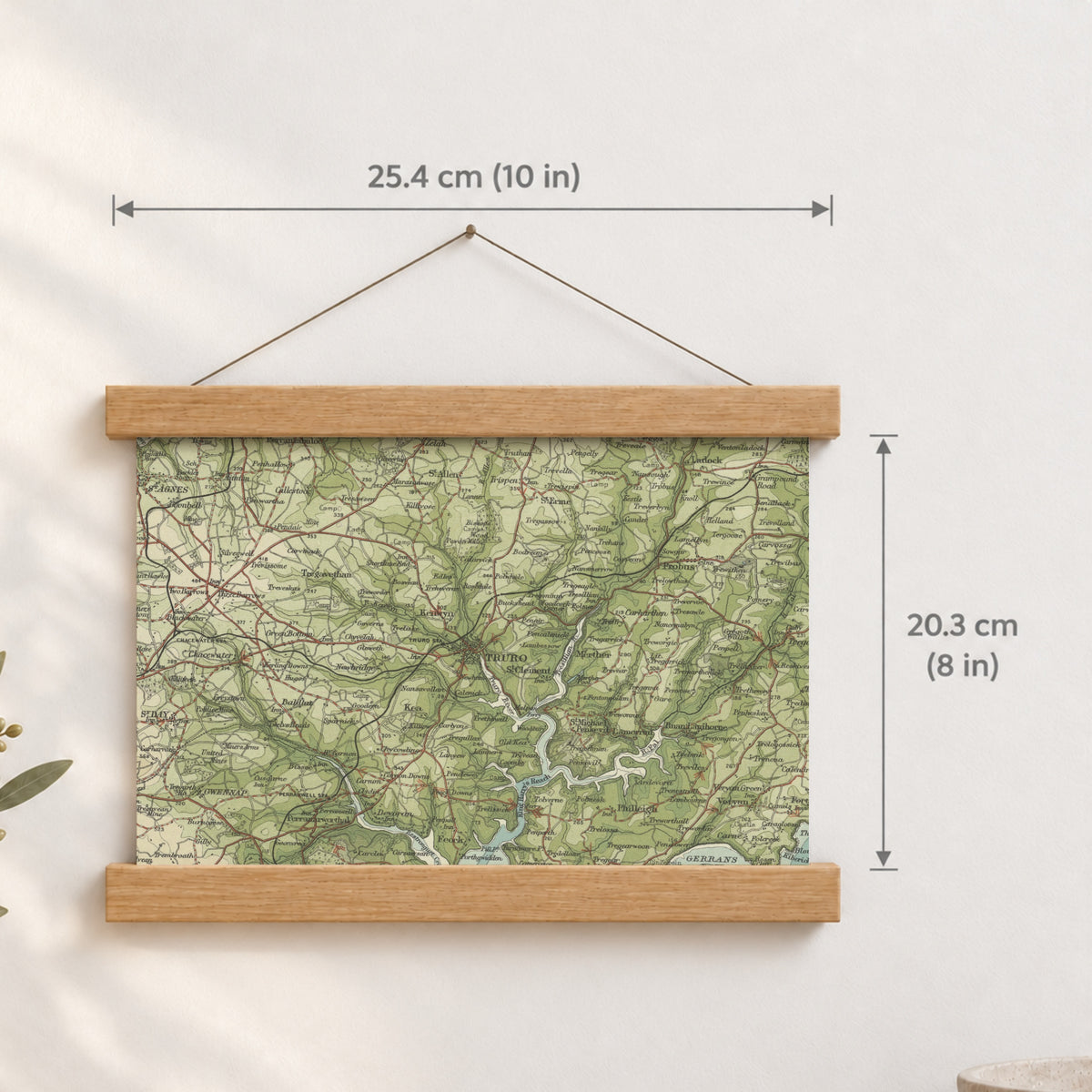 Truro historic map print, Bartholomew Half-Inch, 1903 — 10 × 8 in · landscape, Canvas, black hanger and Canvas, natural oak hanger and Canvas, white hanger and Fine art paper, black hanger and Fine art paper, natural oak hanger and Fine art paper, no hanger and Fine art paper, white hanger, hanger front mockup