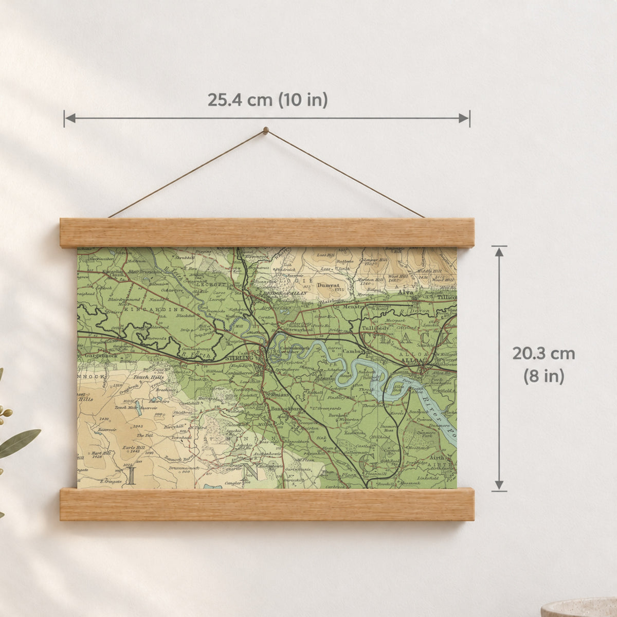 Stirling historic map print, Bartholomew Half-Inch, 1903 — 10 × 8 in · landscape, Canvas, black hanger and Canvas, natural oak hanger and Canvas, white hanger and Fine art paper, black hanger and Fine art paper, natural oak hanger and Fine art paper, no hanger and Fine art paper, white hanger, hanger front mockup