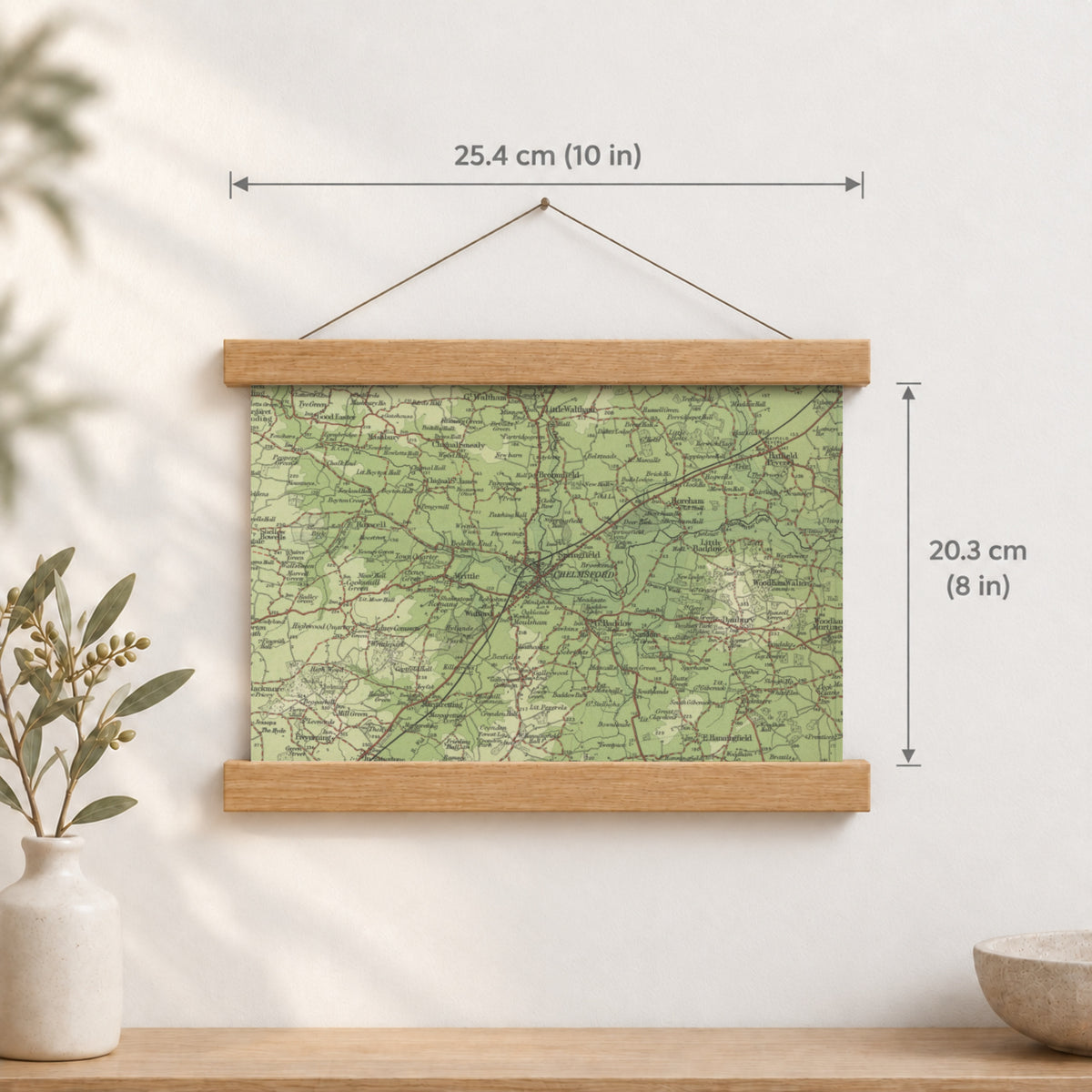 Chelmsford historic map print, Bartholomew Half-Inch, 1903 — 10 × 8 in · landscape, Canvas, black hanger and Canvas, natural oak hanger and Canvas, white hanger and Fine art paper, black hanger and Fine art paper, natural oak hanger and Fine art paper, no hanger and Fine art paper, white hanger, hanger front mockup