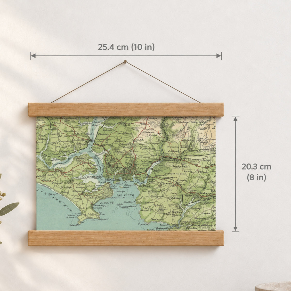 Plymouth historic map print, Bartholomew Half-Inch, 1903 — 10 × 8 in · landscape, Canvas, black hanger and Canvas, natural oak hanger and Canvas, white hanger and Fine art paper, black hanger and Fine art paper, natural oak hanger and Fine art paper, no hanger and Fine art paper, white hanger, hanger front mockup