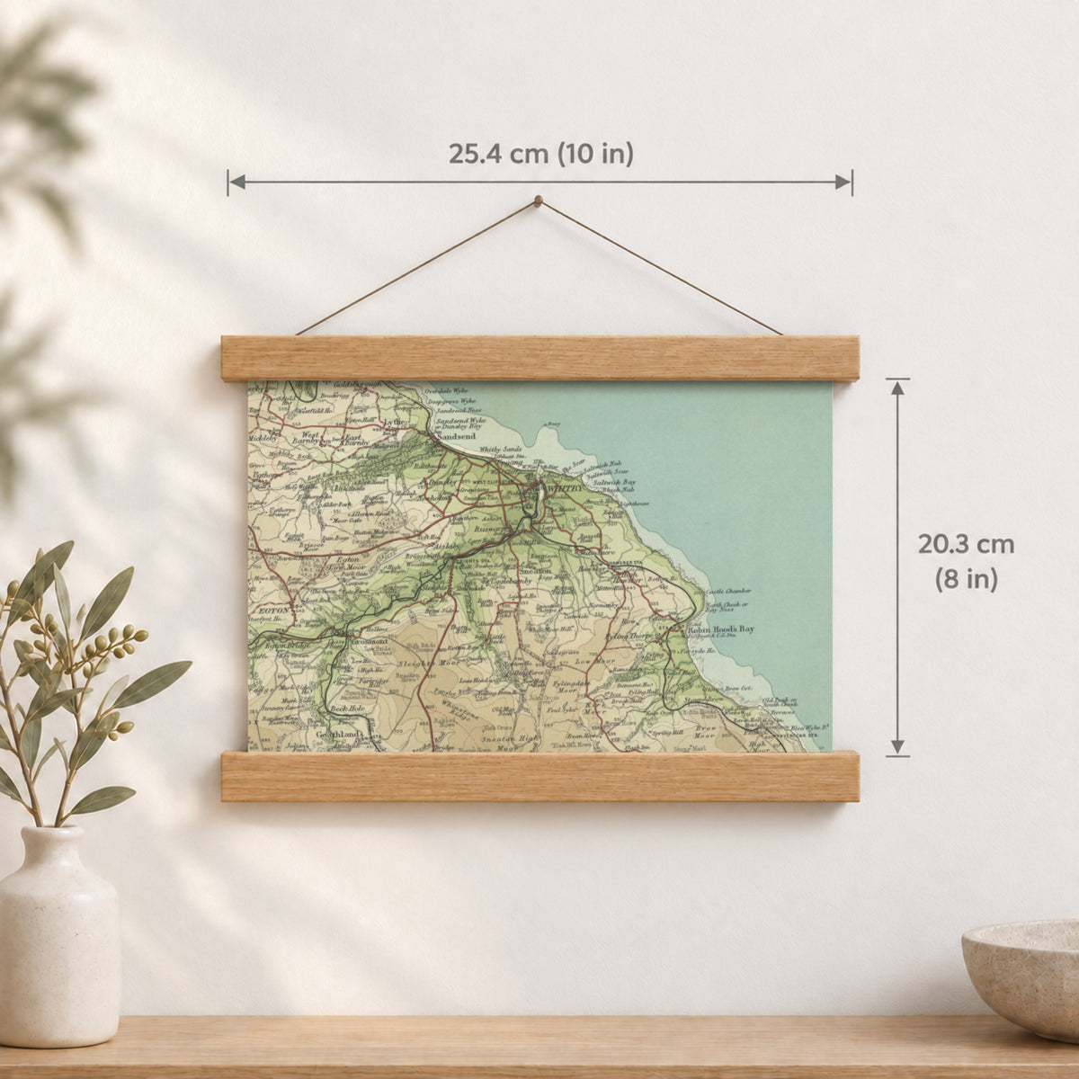 Whitby historic map print, Bartholomew Half-Inch, 1903 — 10 × 8 in · landscape, Canvas, black hanger and Canvas, natural oak hanger and Canvas, white hanger and Fine art paper, black hanger and Fine art paper, natural oak hanger and Fine art paper, no hanger and Fine art paper, white hanger, hanger front mockup