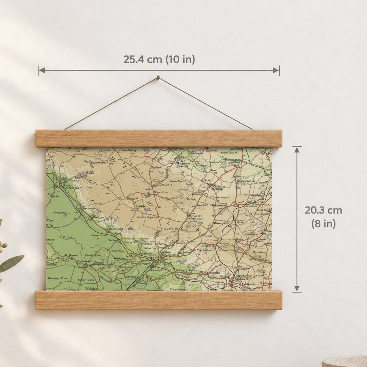 Wells historic map print, Bartholomew Half-Inch, 1904 — 10 × 8 in · landscape, Canvas, black hanger and Canvas, natural oak hanger and Canvas, white hanger and Fine art paper, black hanger and Fine art paper, natural oak hanger and Fine art paper, no hanger and Fine art paper, white hanger, hanger front mockup