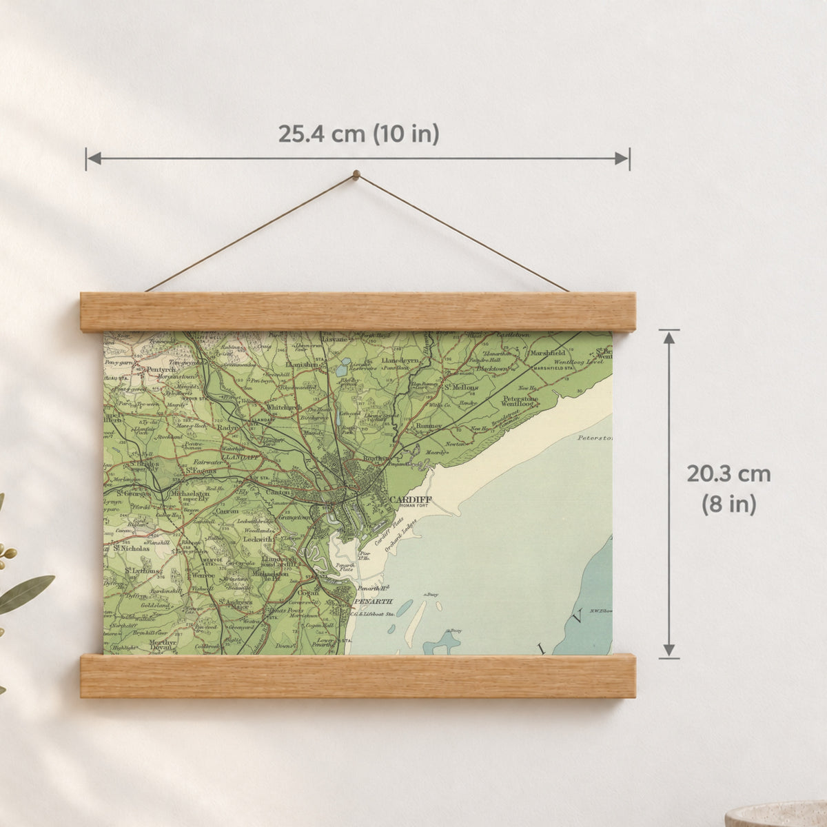 Cardiff historic map print, Bartholomew Half-Inch, 1904 — 10 × 8 in · landscape, Canvas, black hanger and Canvas, natural oak hanger and Canvas, white hanger and Fine art paper, black hanger and Fine art paper, natural oak hanger and Fine art paper, no hanger and Fine art paper, white hanger, hanger front mockup
