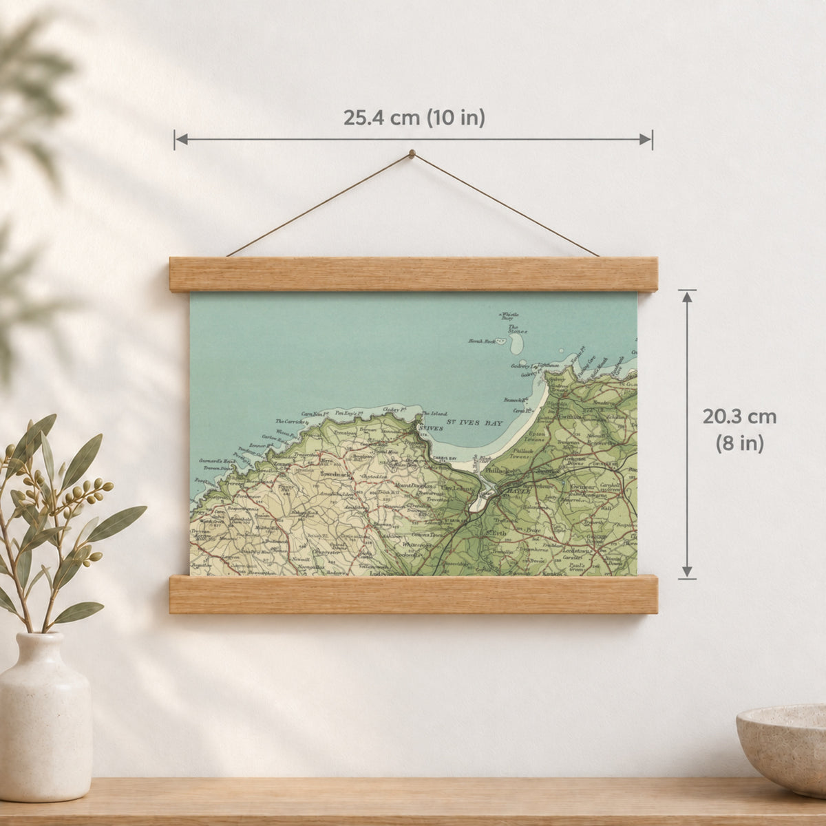 St Ives historic map print, Bartholomew Half-Inch, 1903 — 10 × 8 in · landscape, Canvas, black hanger and Canvas, natural oak hanger and Canvas, white hanger and Fine art paper, black hanger and Fine art paper, natural oak hanger and Fine art paper, no hanger and Fine art paper, white hanger, hanger front mockup