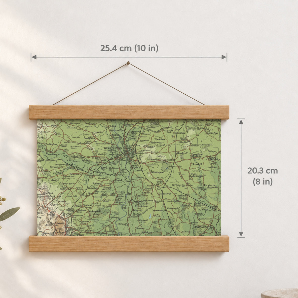 Worcester historic map print, Bartholomew Half-Inch, 1902 — 10 × 8 in · landscape, Canvas, black hanger and Canvas, natural oak hanger and Canvas, white hanger and Fine art paper, black hanger and Fine art paper, natural oak hanger and Fine art paper, no hanger and Fine art paper, white hanger, hanger front mockup