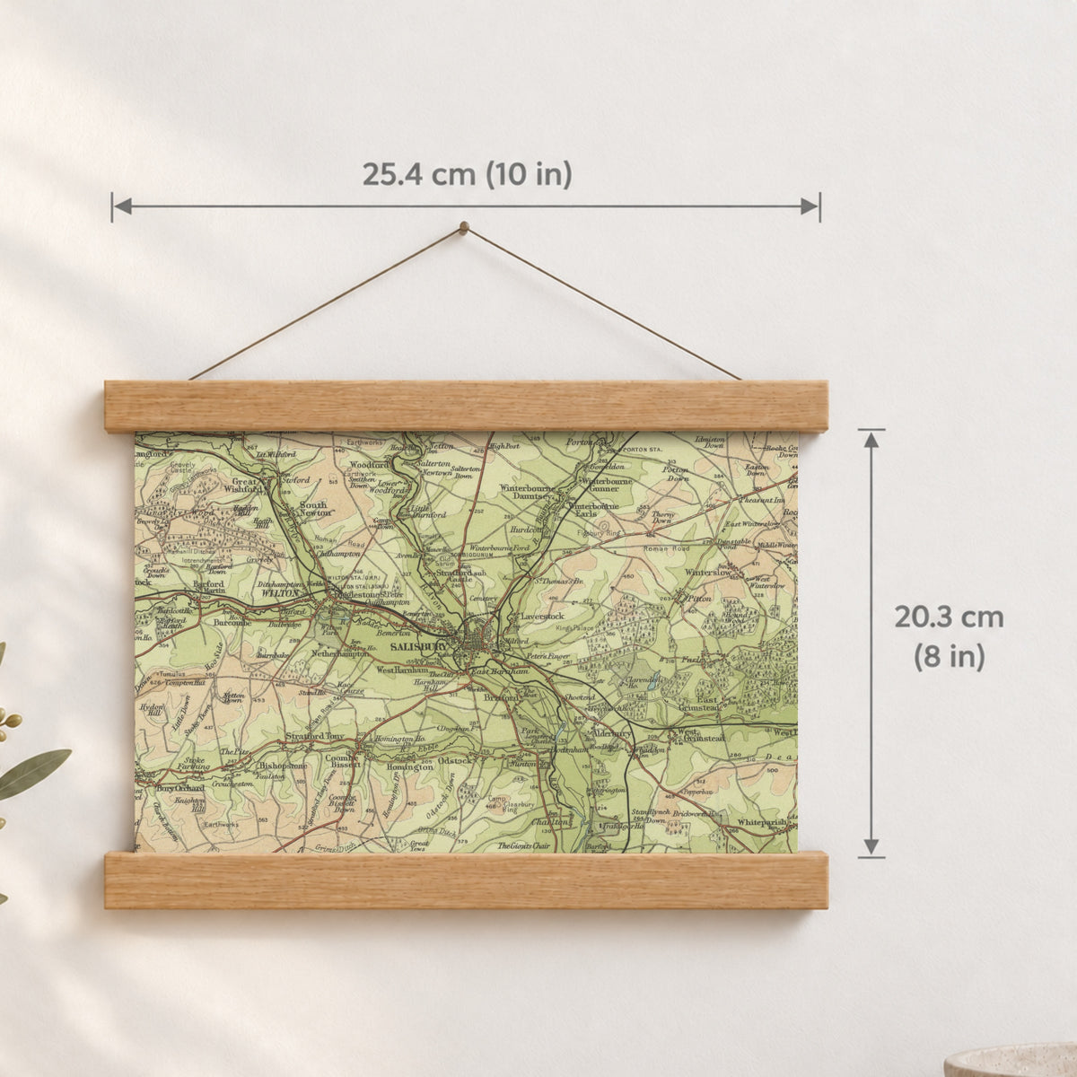 Salisbury historic map print, Bartholomew Half-Inch, 1902 — 10 × 8 in · landscape, Canvas, black hanger and Canvas, natural oak hanger and Canvas, white hanger and Fine art paper, black hanger and Fine art paper, natural oak hanger and Fine art paper, no hanger and Fine art paper, white hanger, hanger front mockup