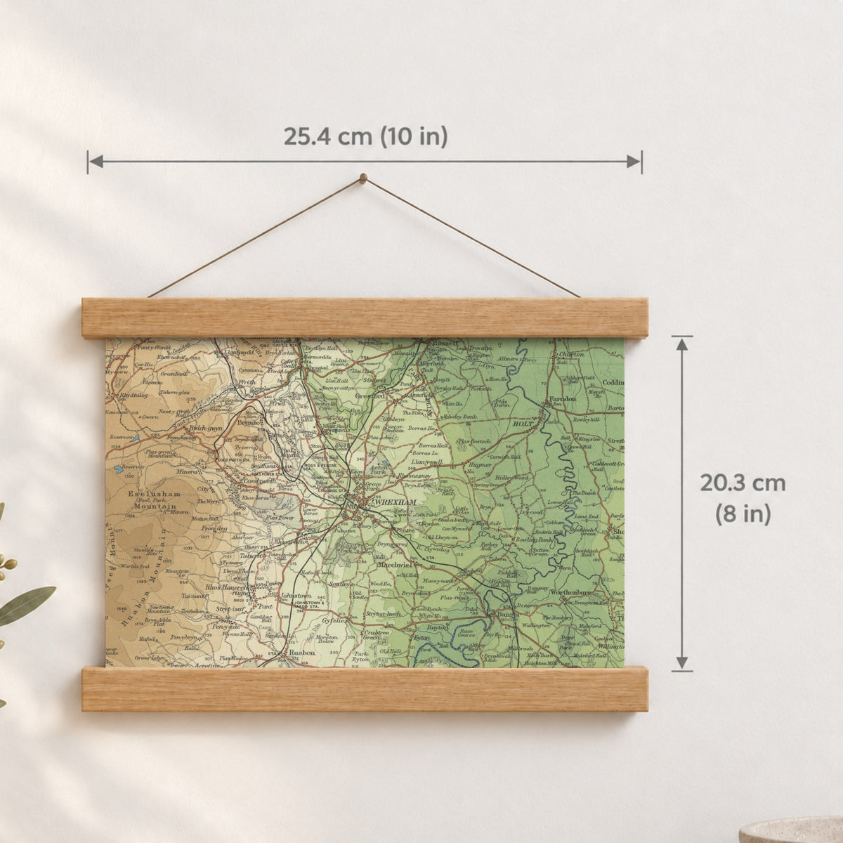 Wrexham historic map print, Bartholomew Half-Inch, 1902 — 10 × 8 in · landscape, Canvas, black hanger and Canvas, natural oak hanger and Canvas, white hanger and Fine art paper, black hanger and Fine art paper, natural oak hanger and Fine art paper, no hanger and Fine art paper, white hanger, hanger front mockup