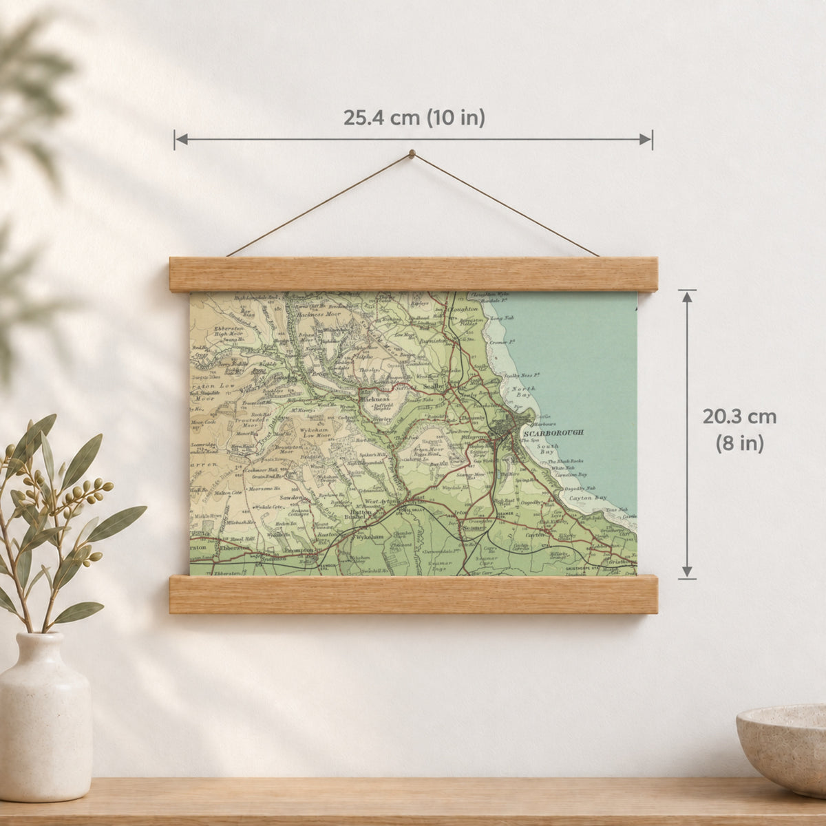 Scarborough historic map print, Bartholomew Half-Inch, 1903 — 10 × 8 in · landscape, Canvas, black hanger and Canvas, natural oak hanger and Canvas, white hanger and Fine art paper, black hanger and Fine art paper, natural oak hanger and Fine art paper, no hanger and Fine art paper, white hanger, hanger front mockup
