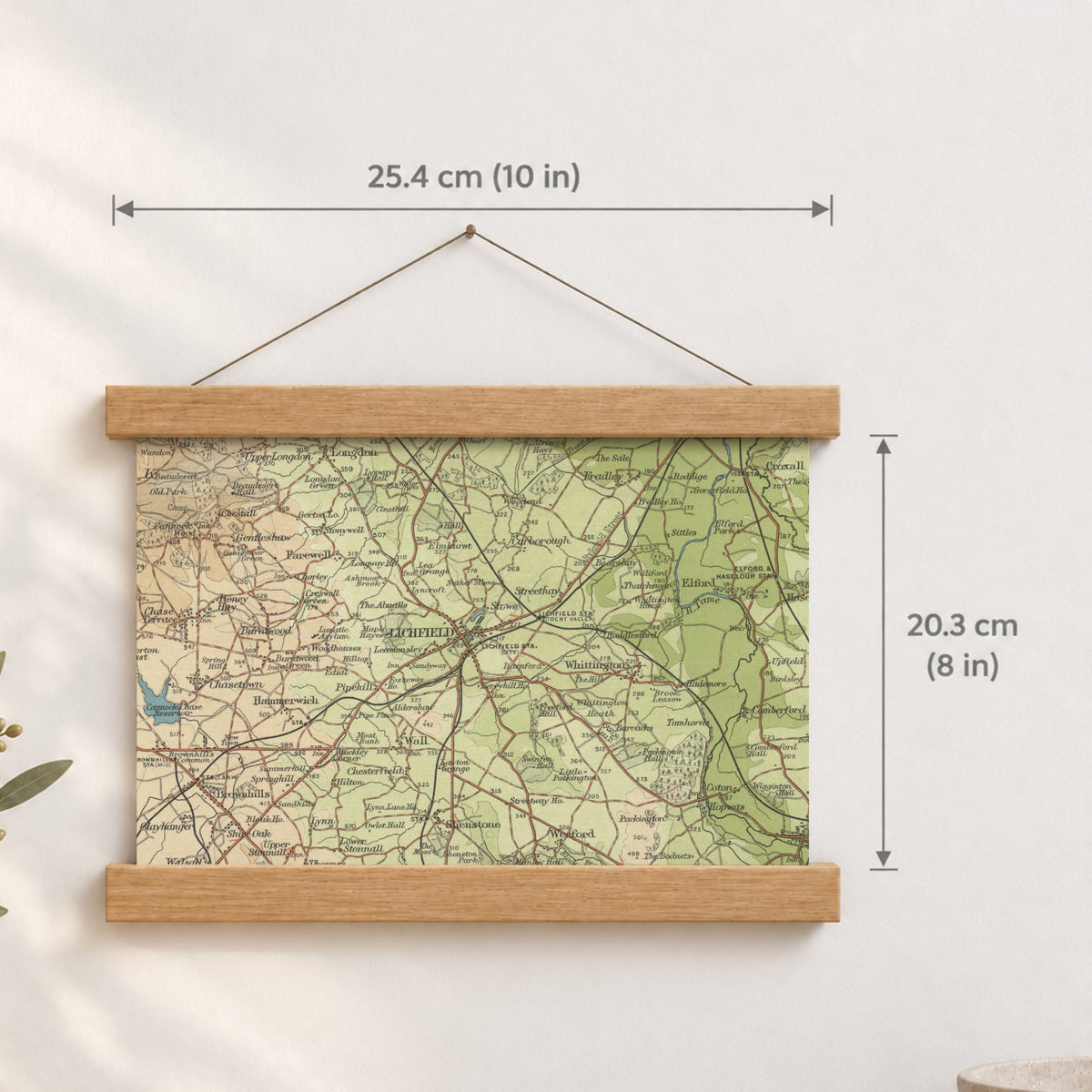 Lichfield historic map print, Bartholomew Half-Inch, 1903 — 10 × 8 in · landscape, Canvas, black hanger and Canvas, natural oak hanger and Canvas, white hanger and Fine art paper, black hanger and Fine art paper, natural oak hanger and Fine art paper, no hanger and Fine art paper, white hanger, hanger front mockup