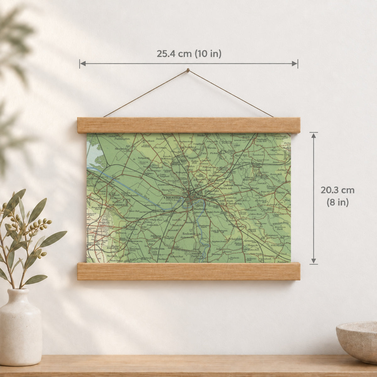 Chester historic map print, Bartholomew Half-Inch, 1902 — 10 × 8 in · landscape, Canvas, black hanger and Canvas, natural oak hanger and Canvas, white hanger and Fine art paper, black hanger and Fine art paper, natural oak hanger and Fine art paper, no hanger and Fine art paper, white hanger, hanger front mockup
