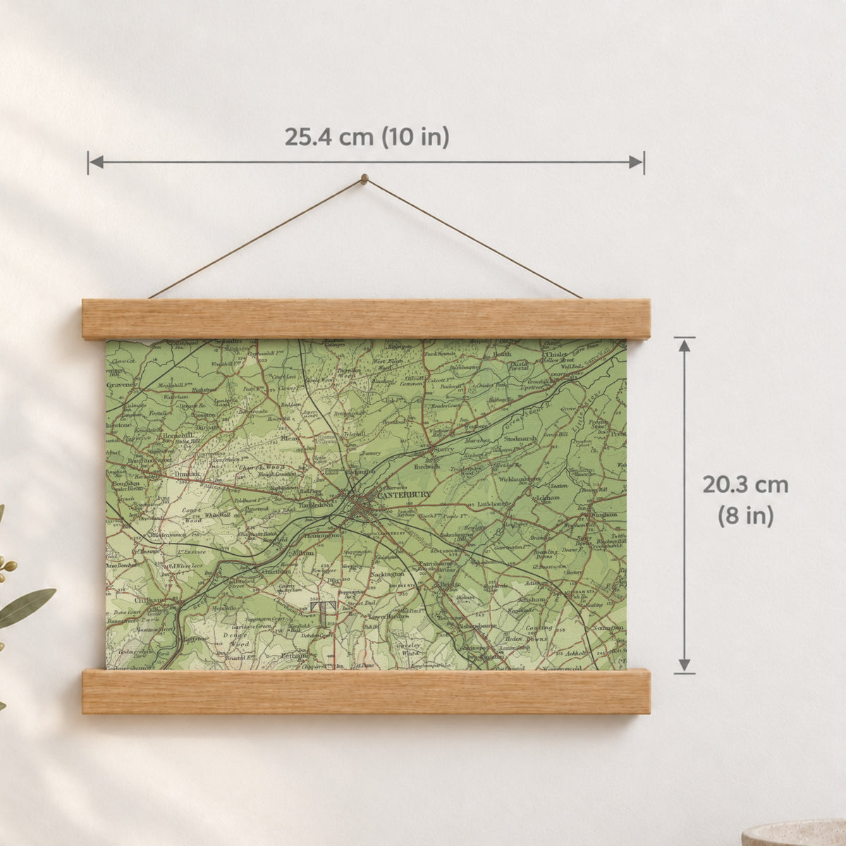 Canterbury historic map print, Bartholomew Half-Inch, 1904 — 10 × 8 in · landscape, Canvas, black hanger and Canvas, natural oak hanger and Canvas, white hanger and Fine art paper, black hanger and Fine art paper, natural oak hanger and Fine art paper, no hanger and Fine art paper, white hanger, hanger front mockup