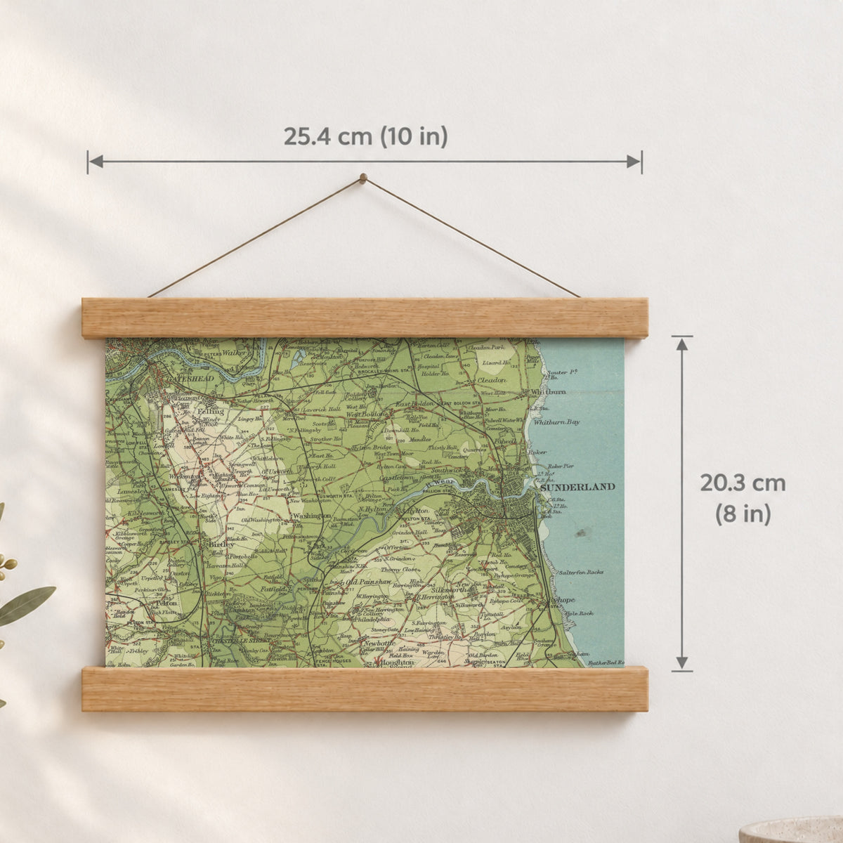 Sunderland historic map print, Bartholomew Half-Inch, 1902 — 10 × 8 in · landscape, Canvas, black hanger and Canvas, natural oak hanger and Canvas, white hanger and Fine art paper, black hanger and Fine art paper, natural oak hanger and Fine art paper, no hanger and Fine art paper, white hanger, hanger front mockup