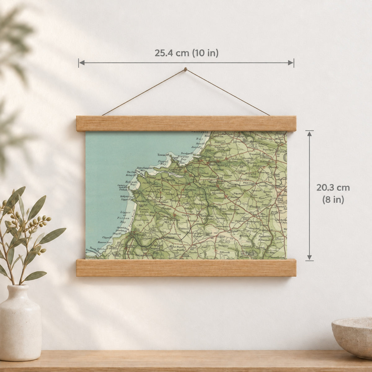 Newquay historic map print, Bartholomew Half-Inch, 1903 — 10 × 8 in · landscape, Canvas, black hanger and Canvas, natural oak hanger and Canvas, white hanger and Fine art paper, black hanger and Fine art paper, natural oak hanger and Fine art paper, no hanger and Fine art paper, white hanger, hanger front mockup