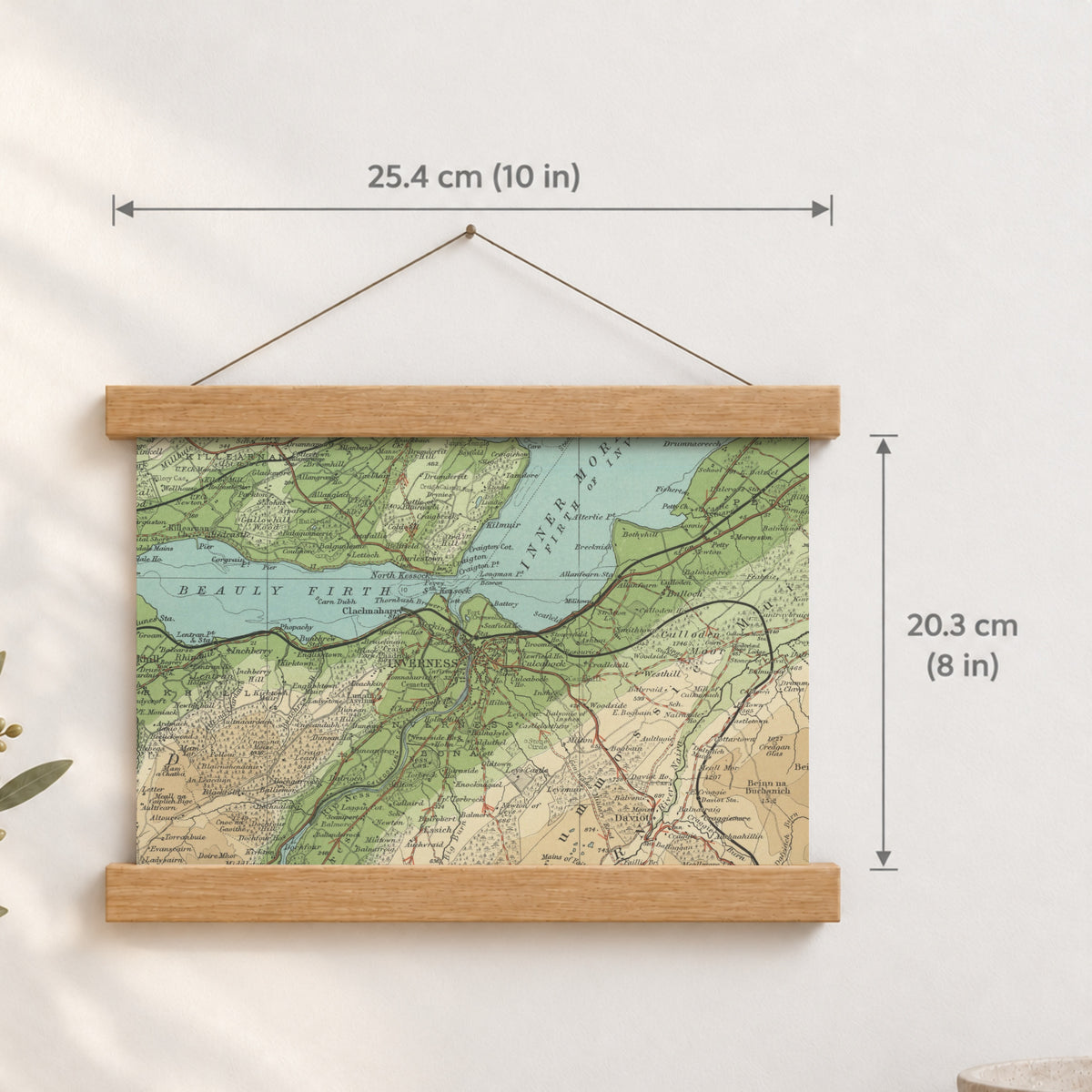 Inverness historic map print, Bartholomew Half-Inch, 1903 — 10 × 8 in · landscape, Canvas, black hanger and Canvas, natural oak hanger and Canvas, white hanger and Fine art paper, black hanger and Fine art paper, natural oak hanger and Fine art paper, no hanger and Fine art paper, white hanger, hanger front mockup